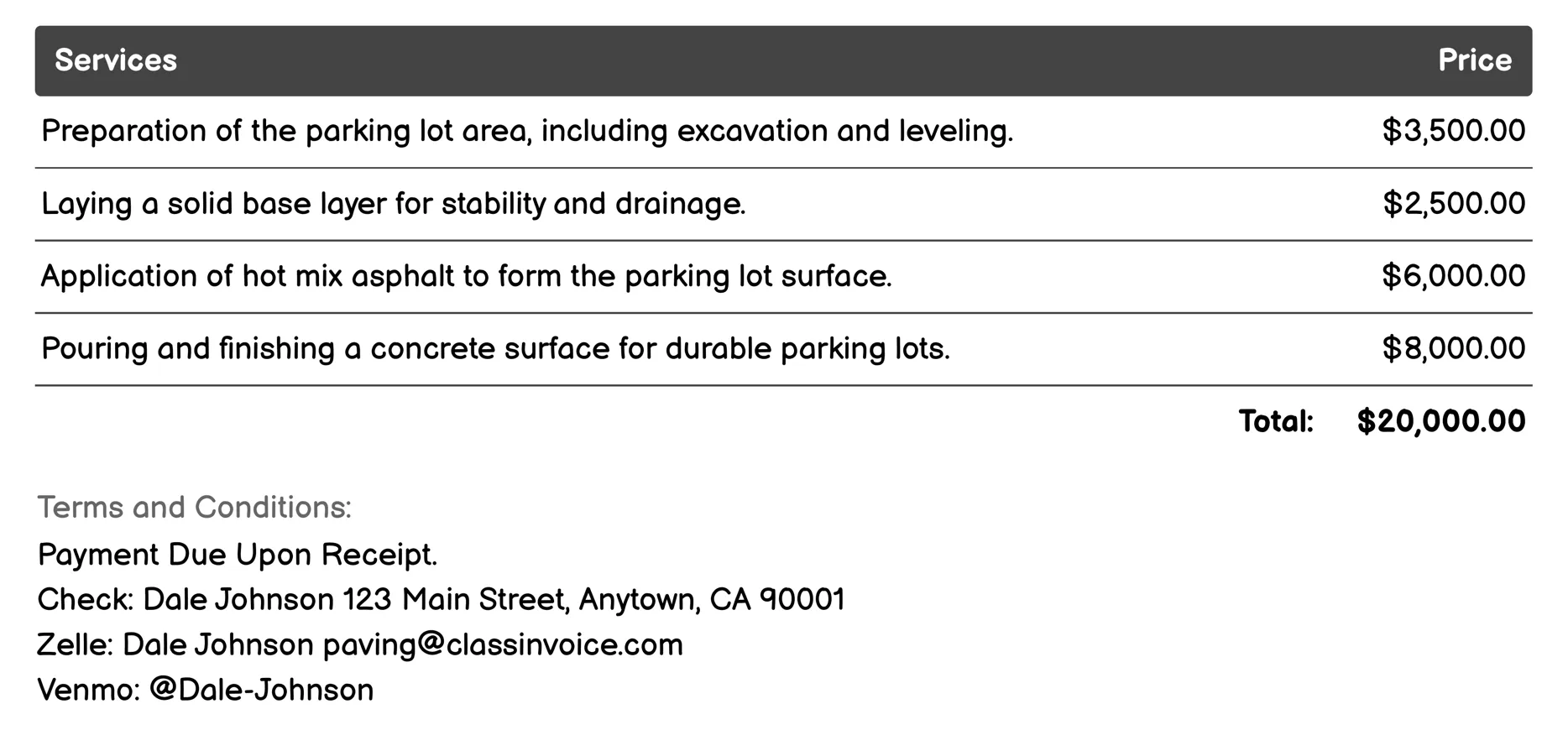 Parking Lot Paving Invoice Example