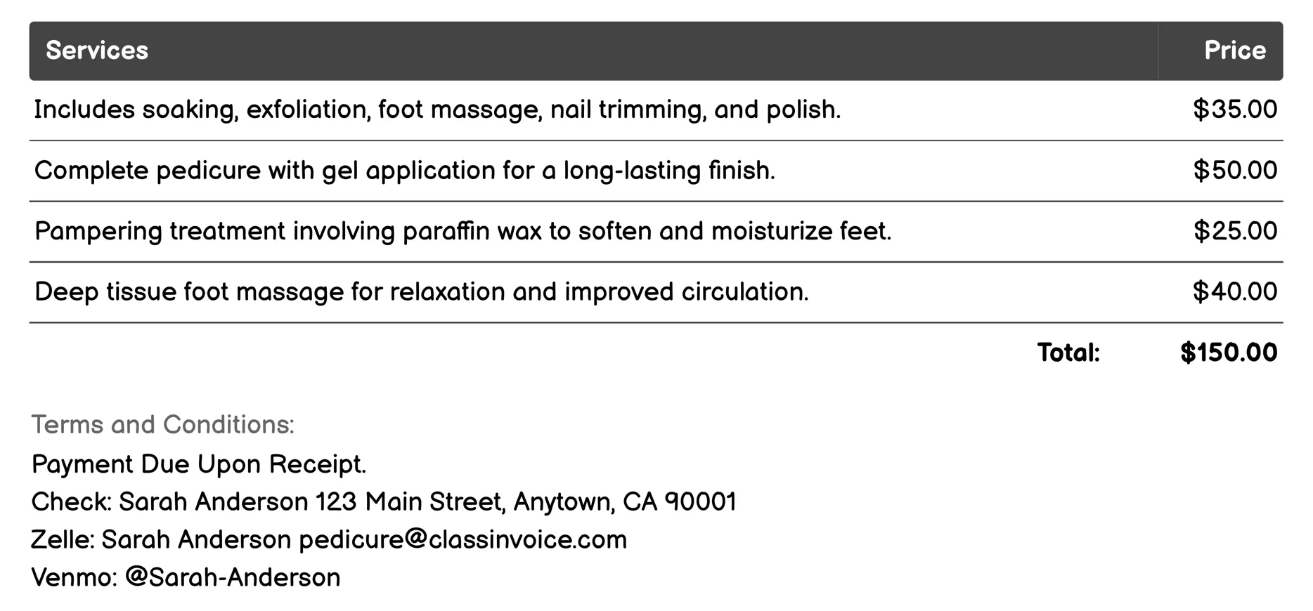 Foot Spa Pedicure Invoice Example
