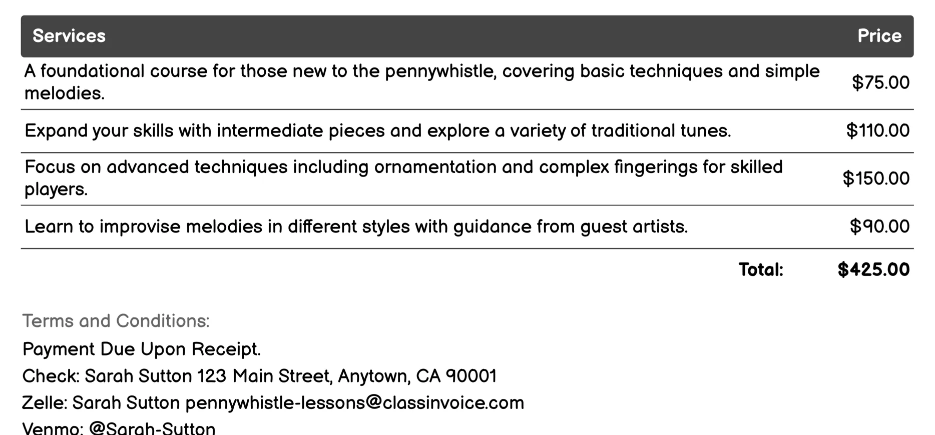 Masterclasses with Guest Artists Invoice Example
