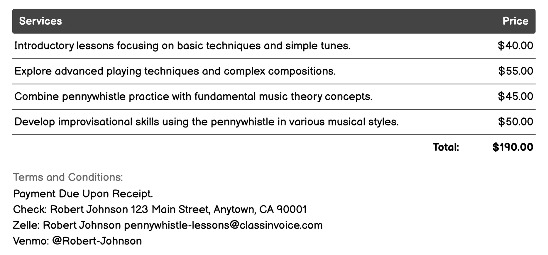 Music Theory Classes Invoice Example