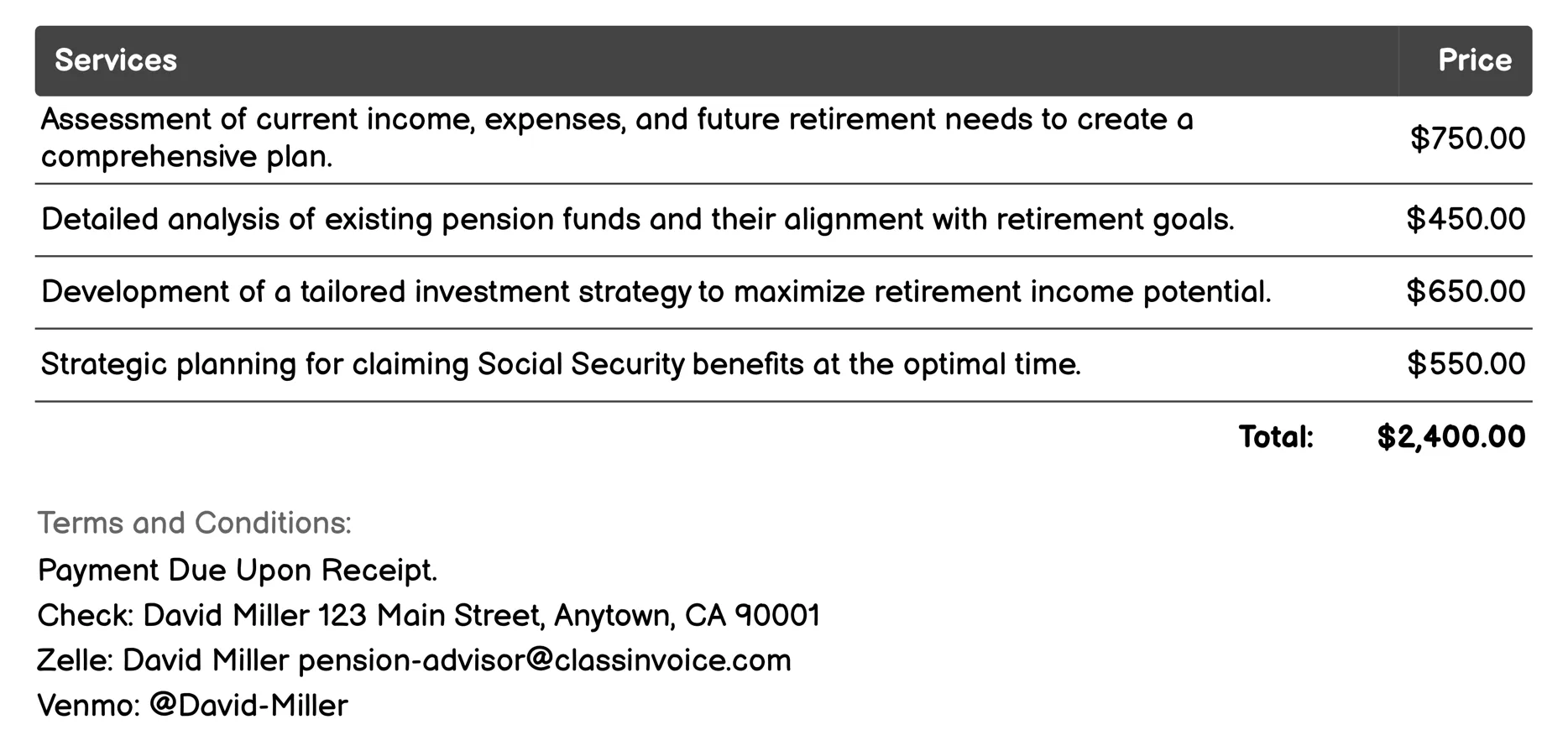 Income Planning Invoice Example