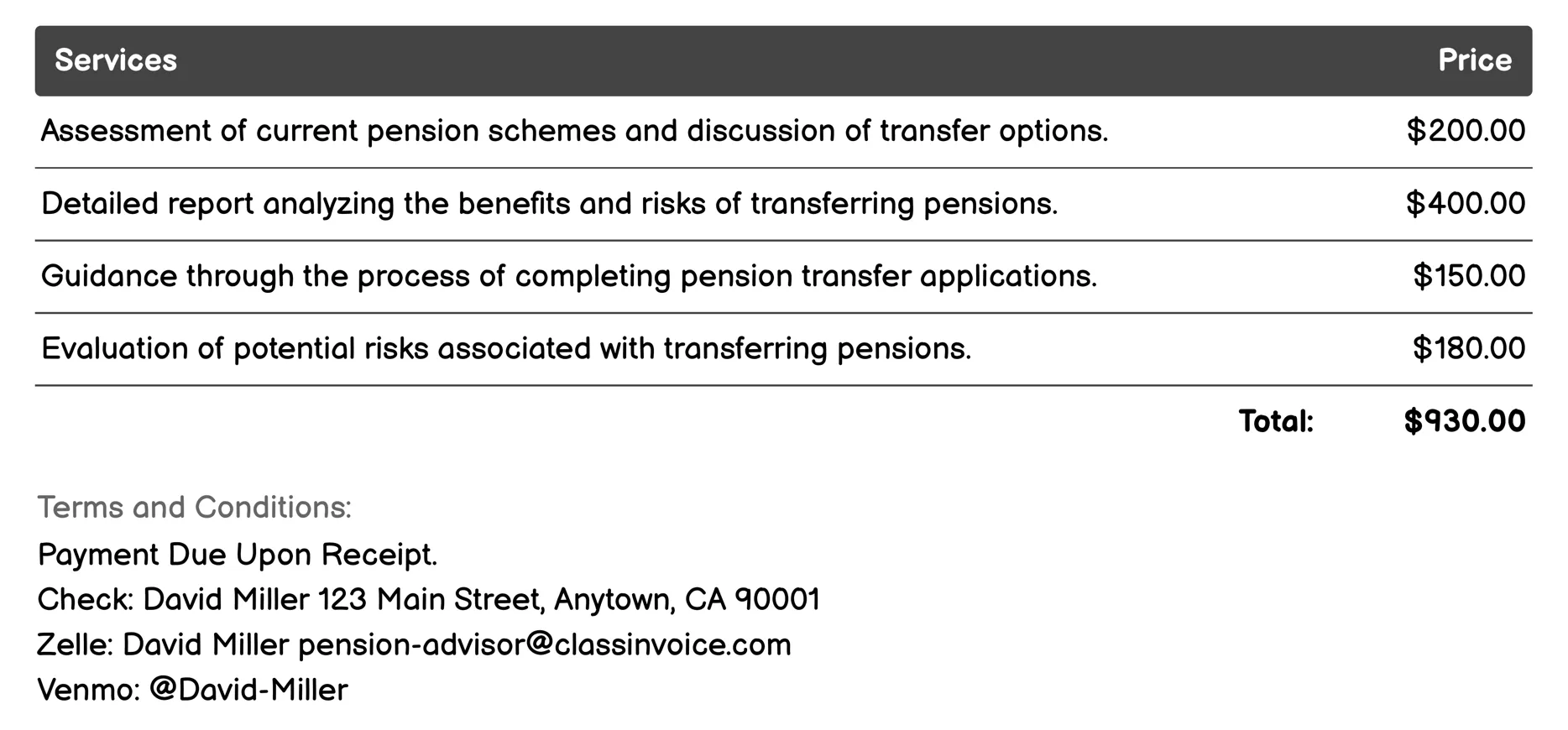 Pension Transfer Advice Invoice Example