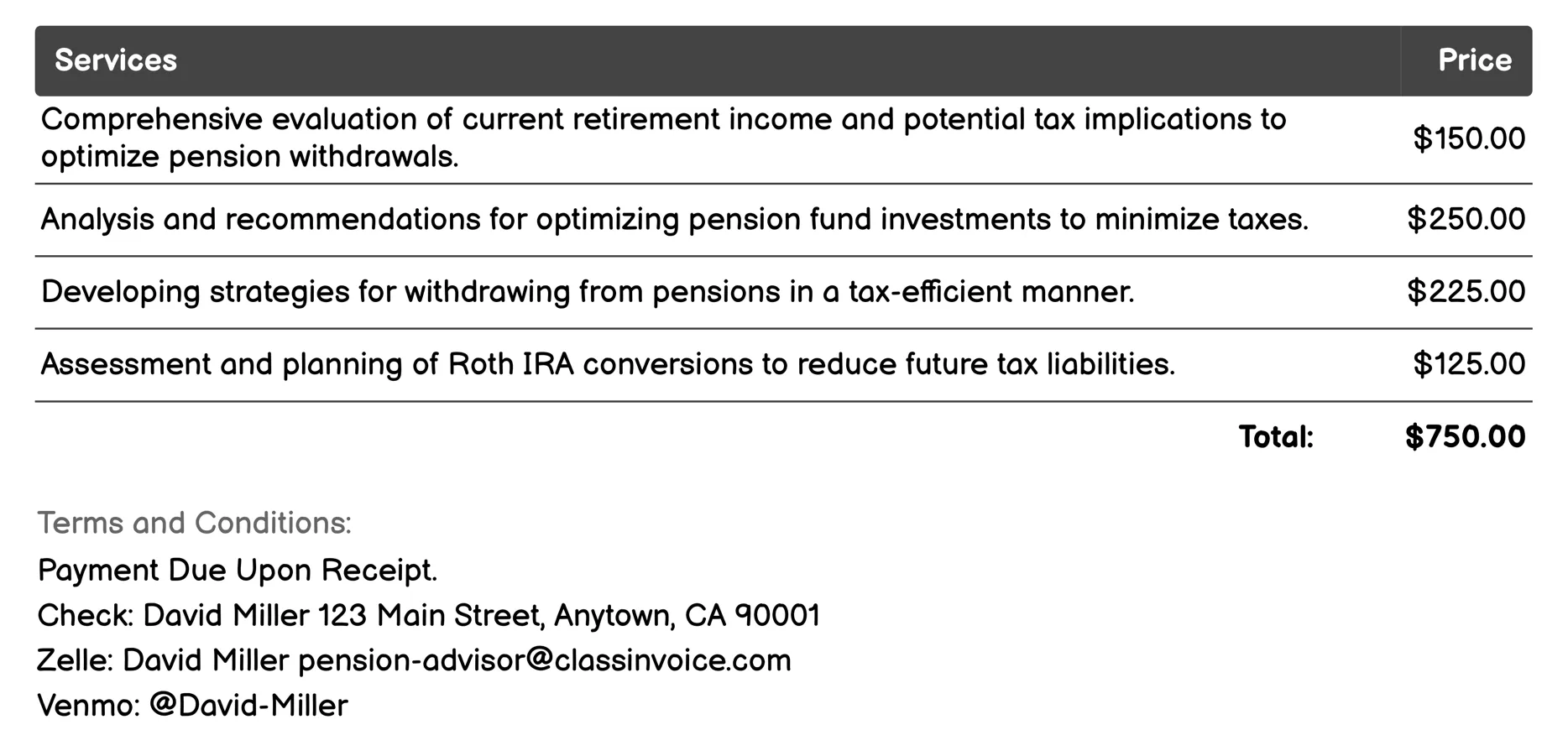 Tax Optimization Invoice Example