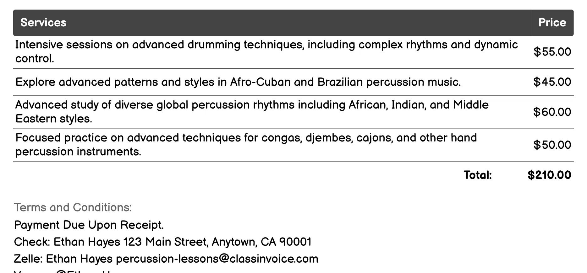 Advanced Percussion Techniques Invoice Example