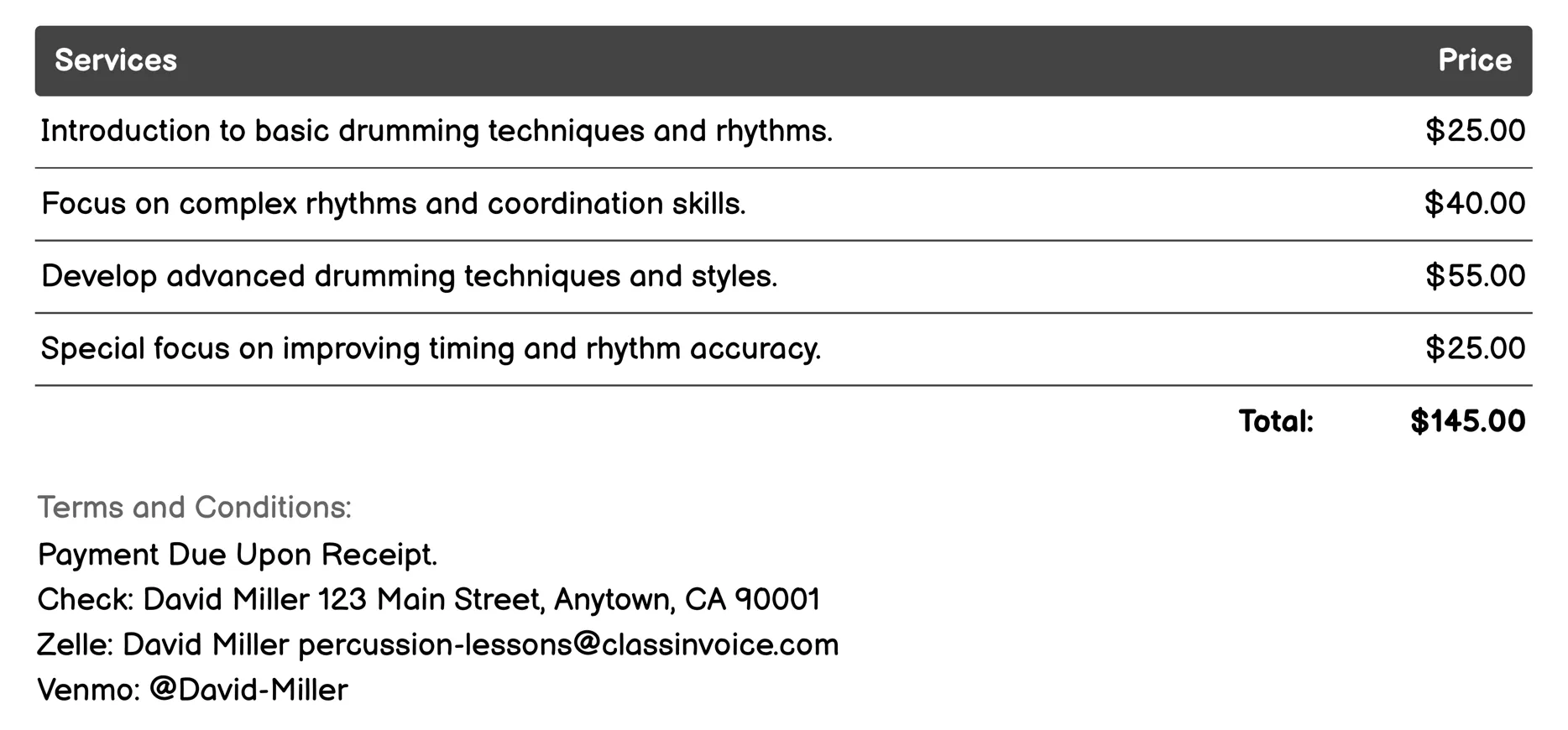 Drum Kit Lessons Invoice Example