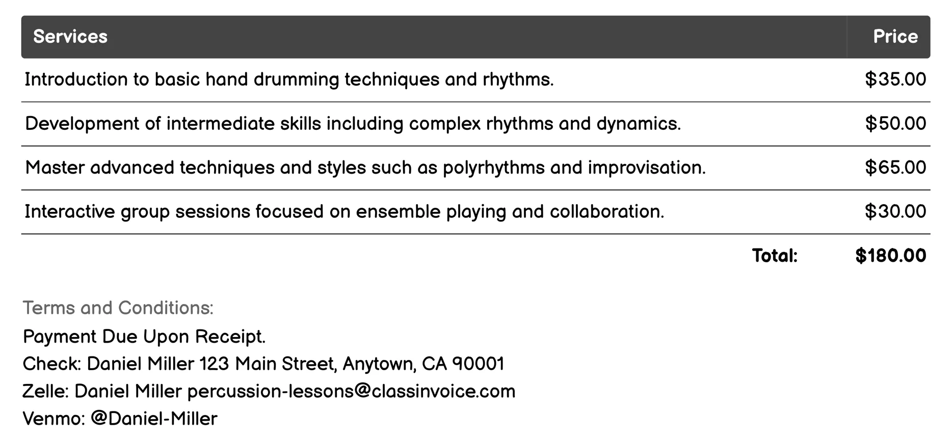 Hand Drumming Lessons Invoice Example