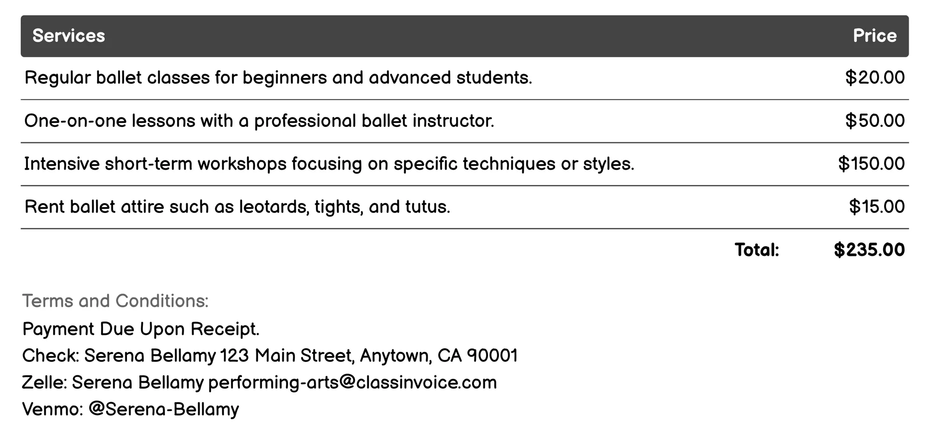 Ballet Invoice Example