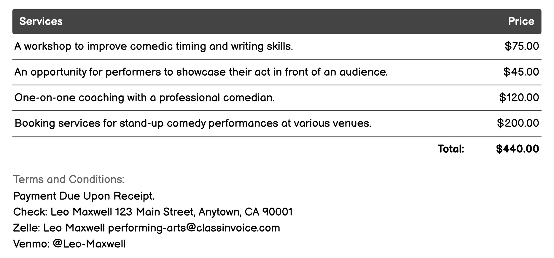 Stand-up Comedy Invoice Example