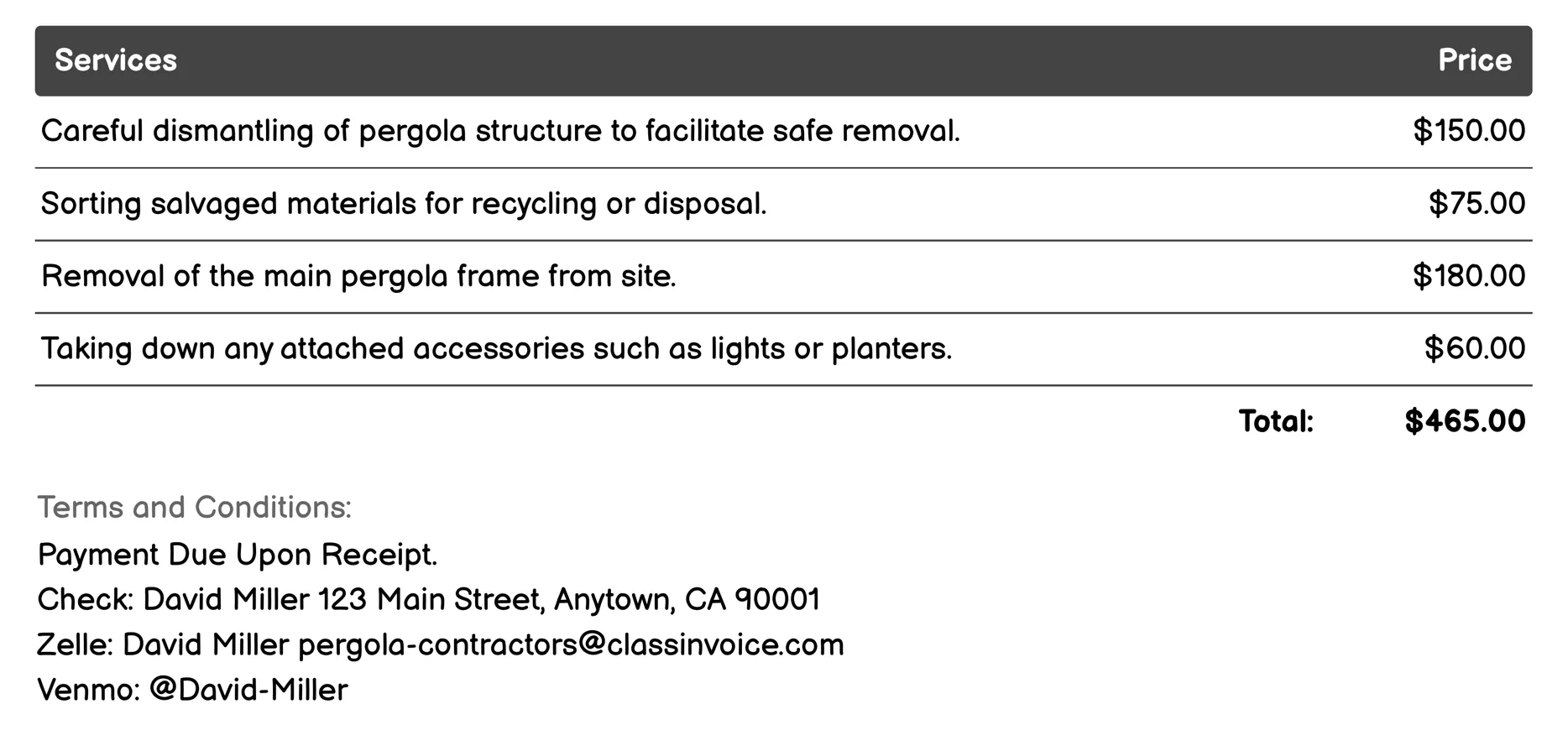 Removal and Demolition Invoice Example