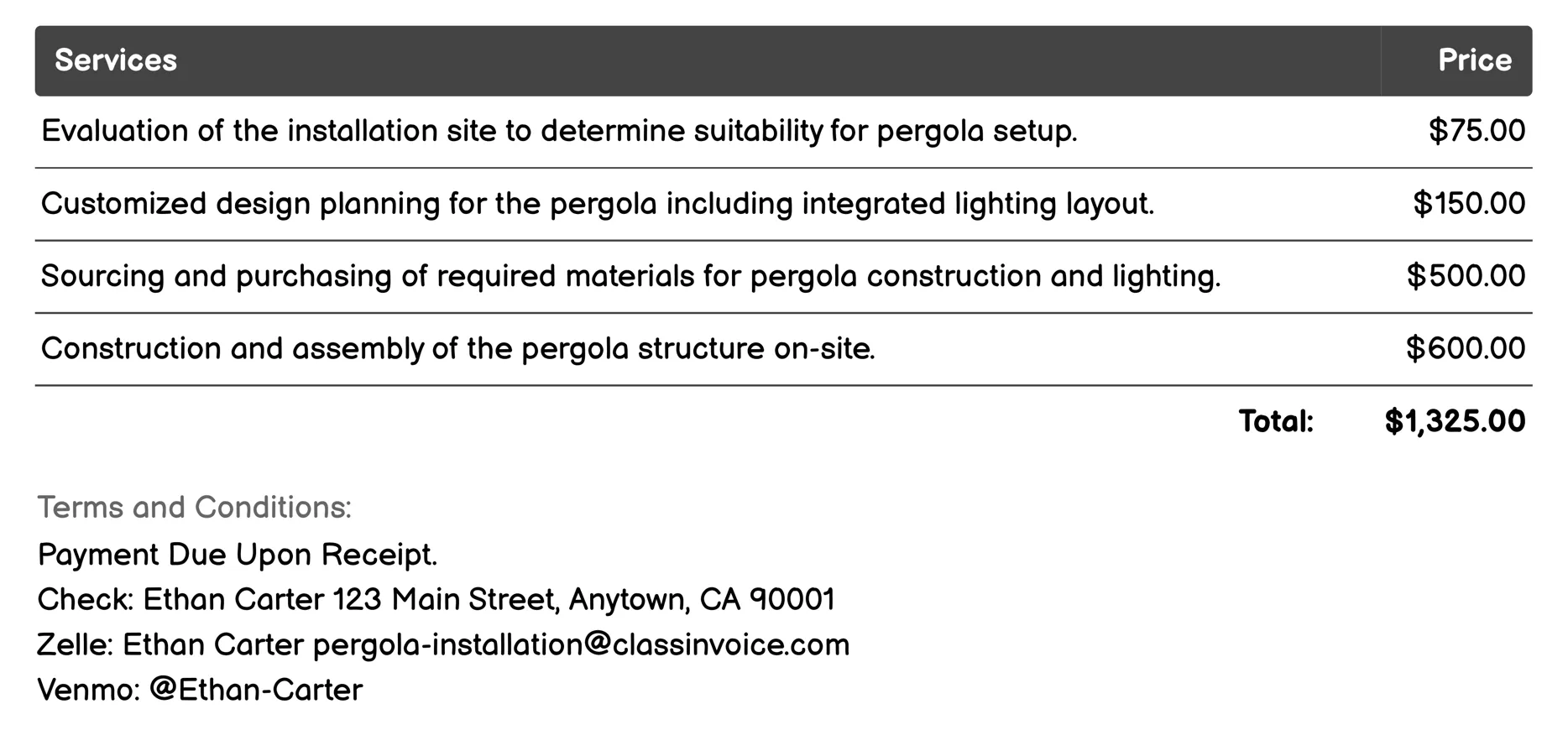Integrated Lighting Pergola Installation Invoice Example