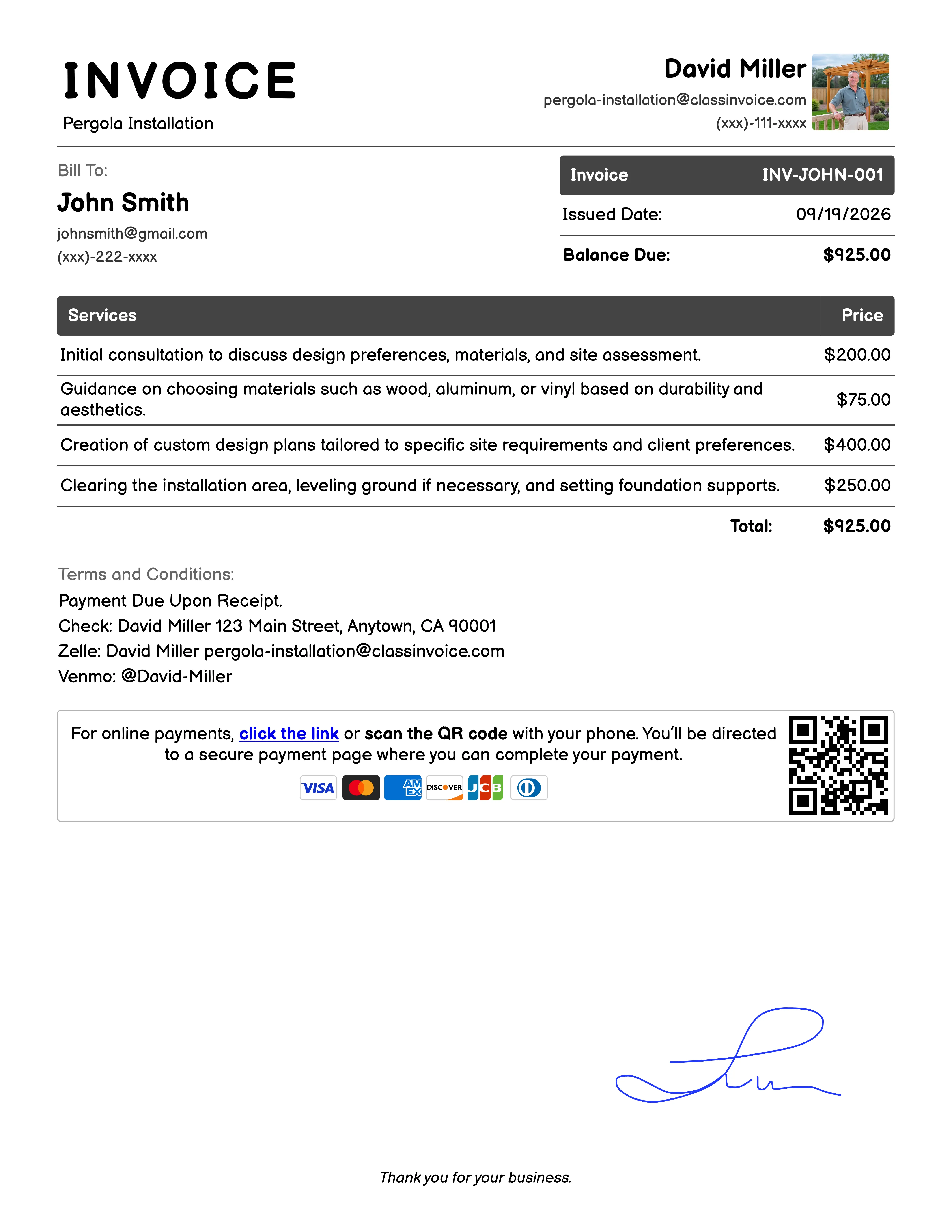 Pergola Installation Invoice Example