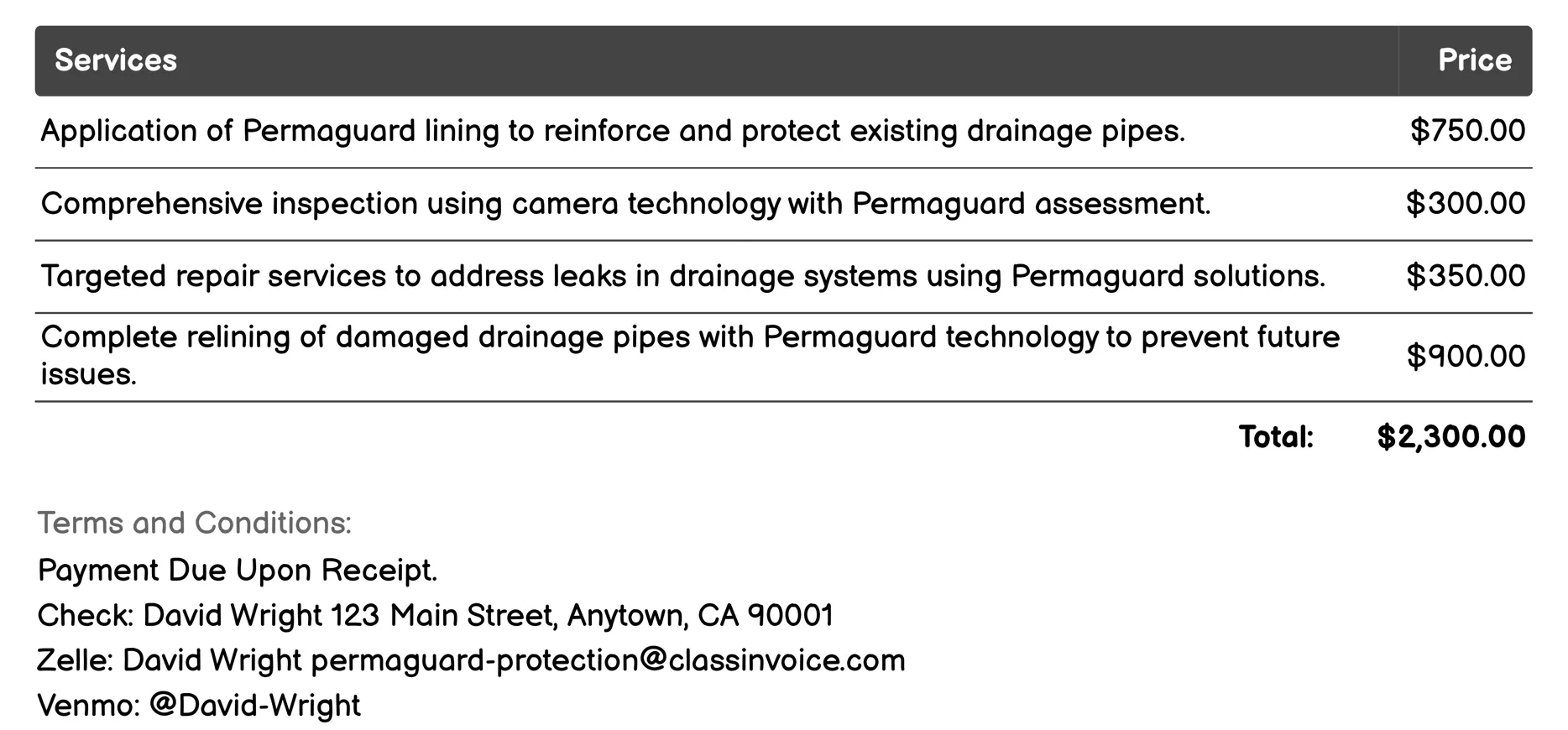 Drainage Solutions Invoice Example
