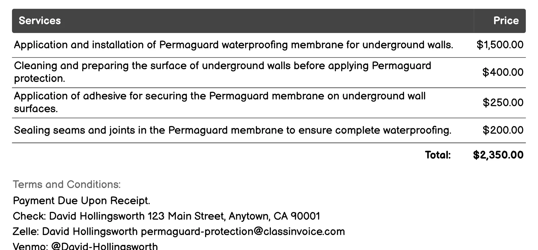 Underground Wall Systems Invoice Example