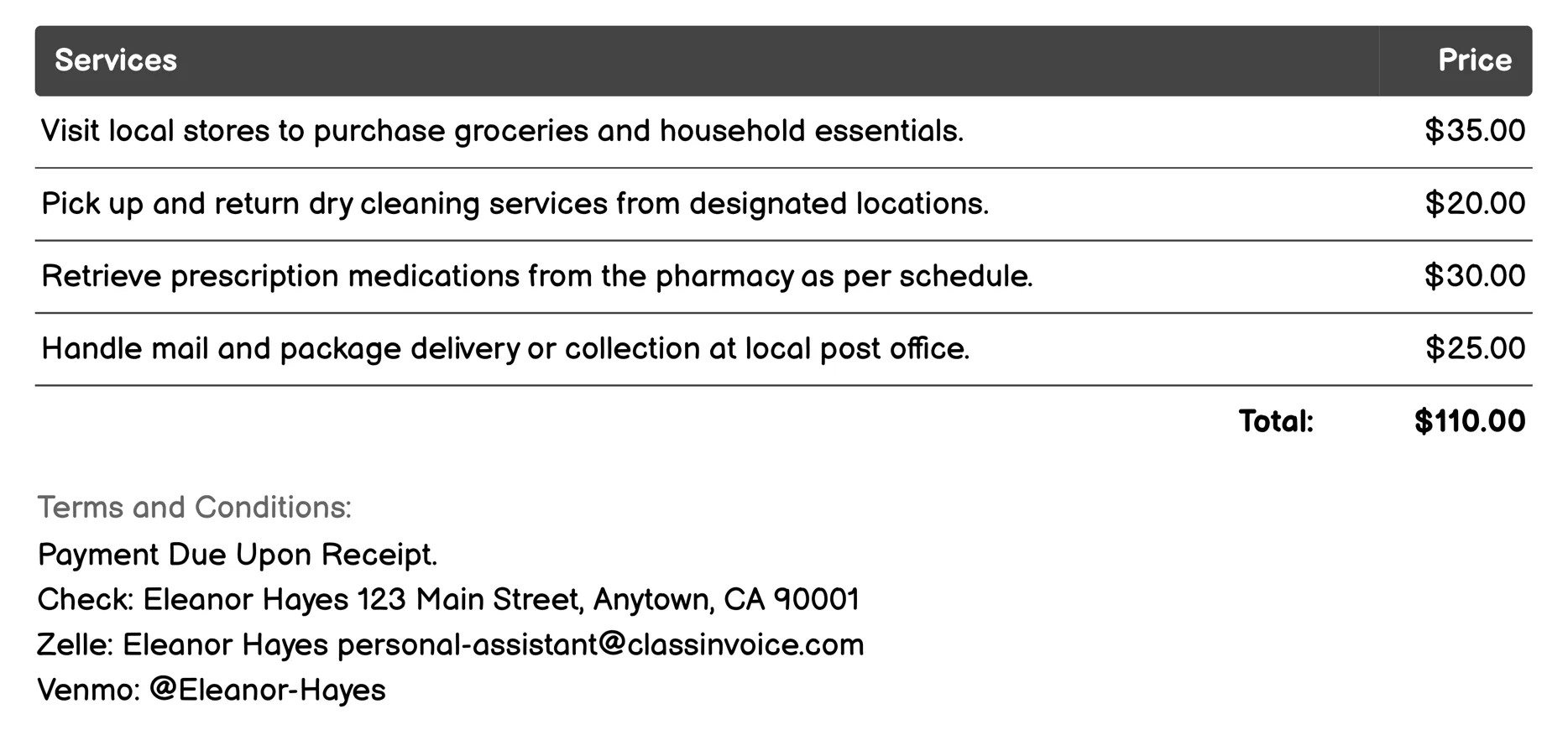 Errand Running Invoice Example