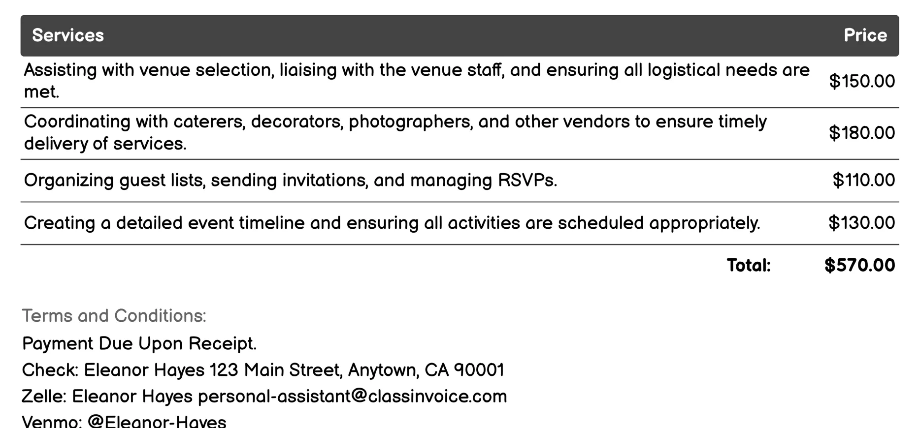 Event Planning Invoice Example