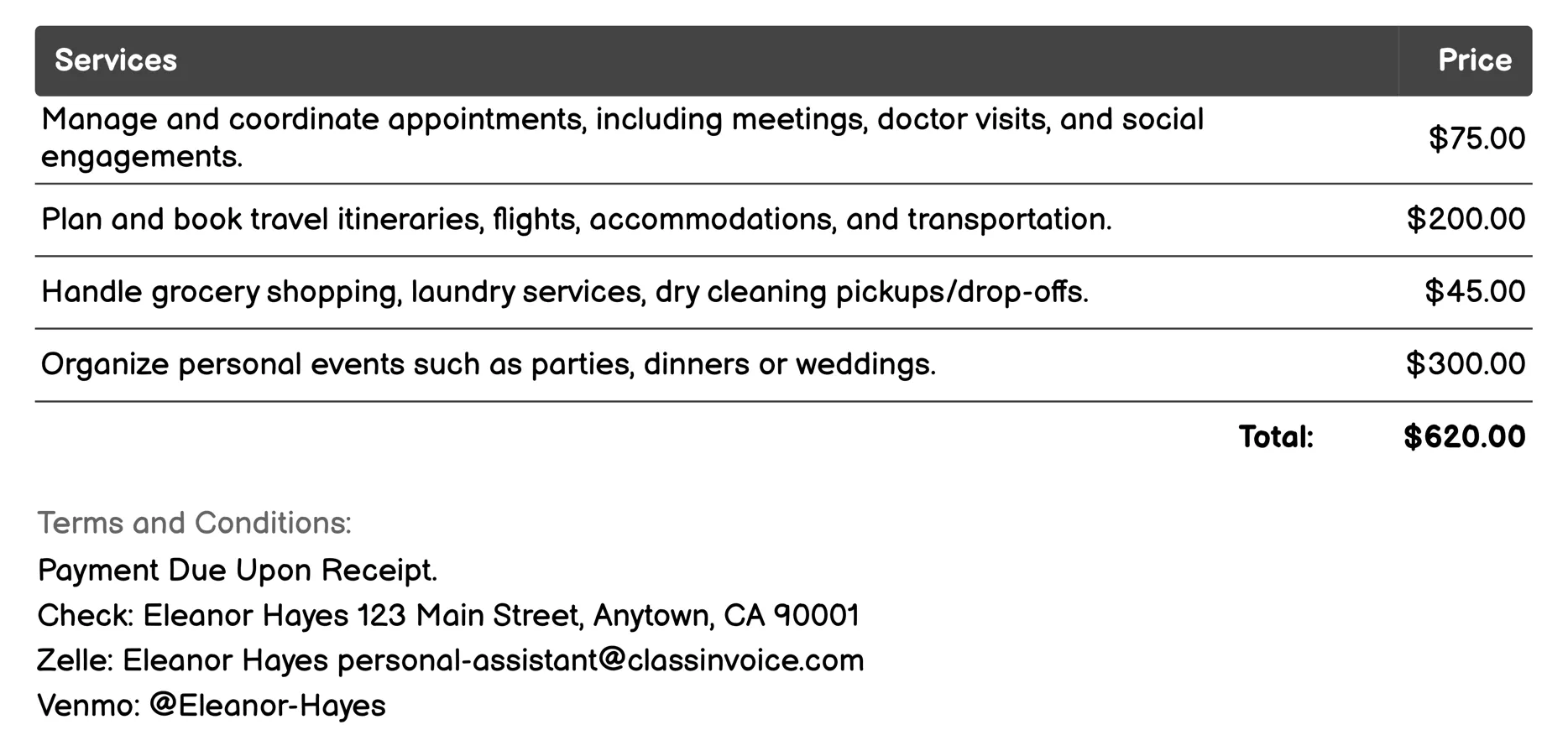 Lifestyle Management Invoice Example