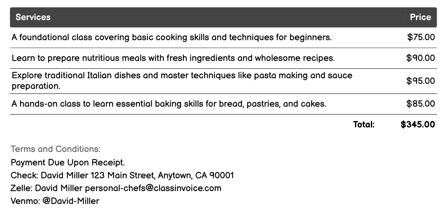 Cooking Classes and Workshops Invoice Example