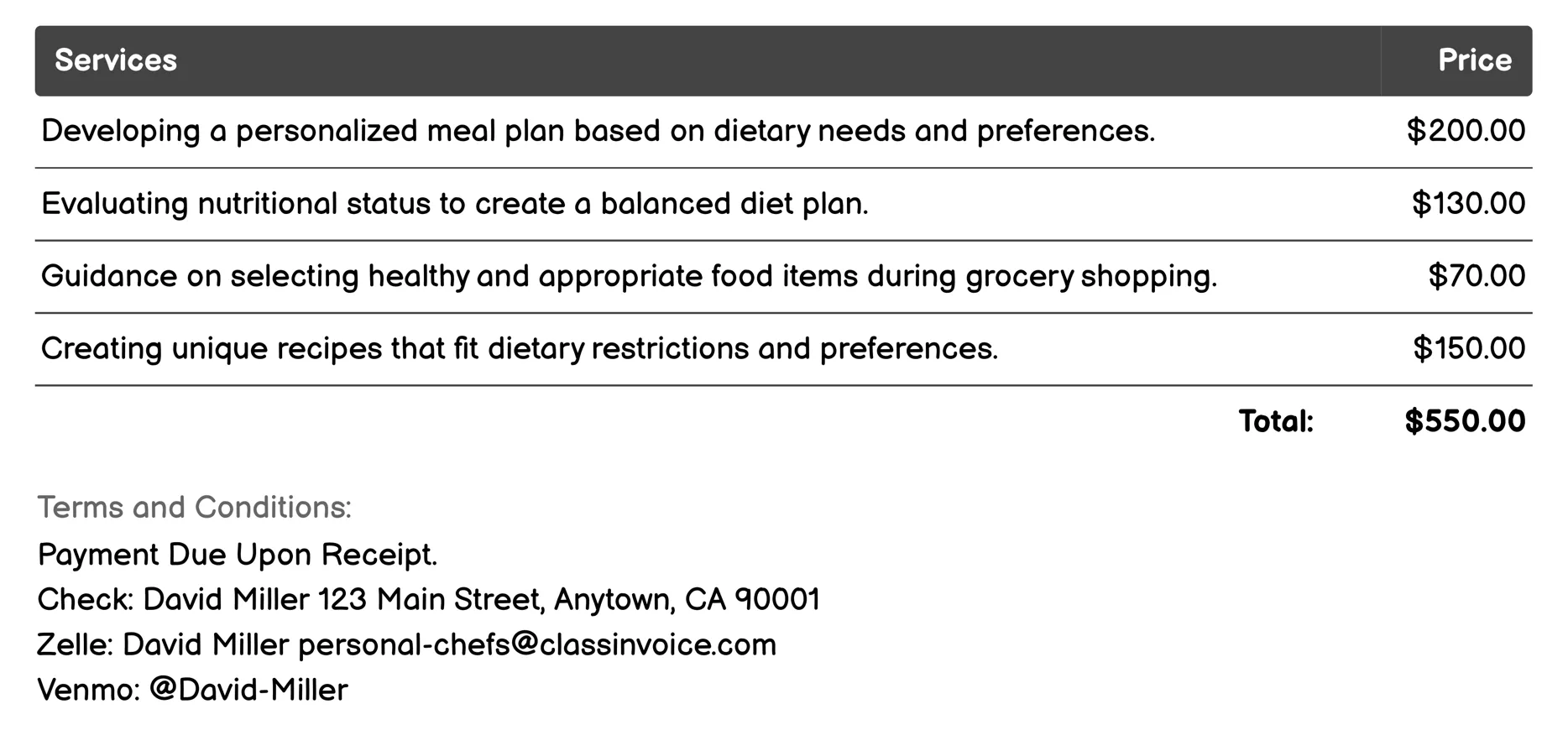 Dietary Consultation Invoice Example