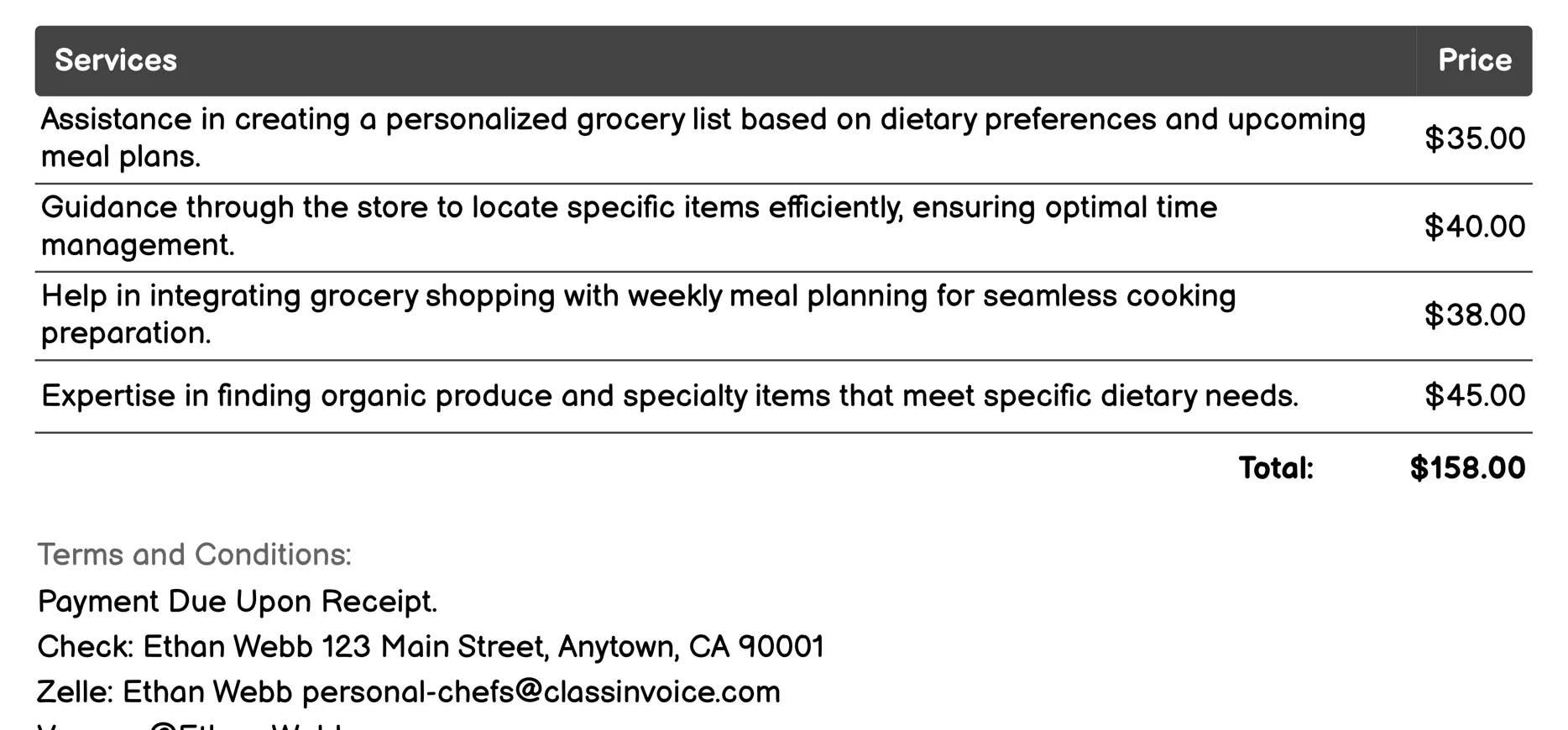 Grocery Shopping Assistance Invoice Example