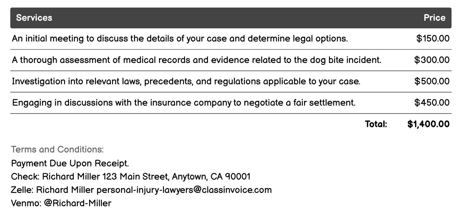 Dog Bites and Animal Attacks Invoice Example