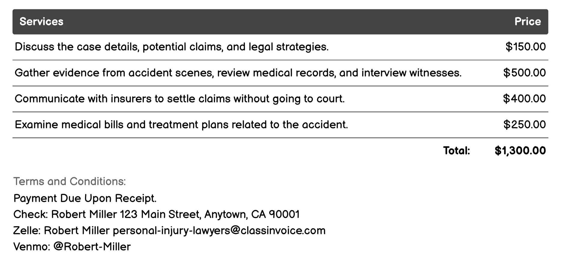 Slip and Fall Accidents Invoice Example