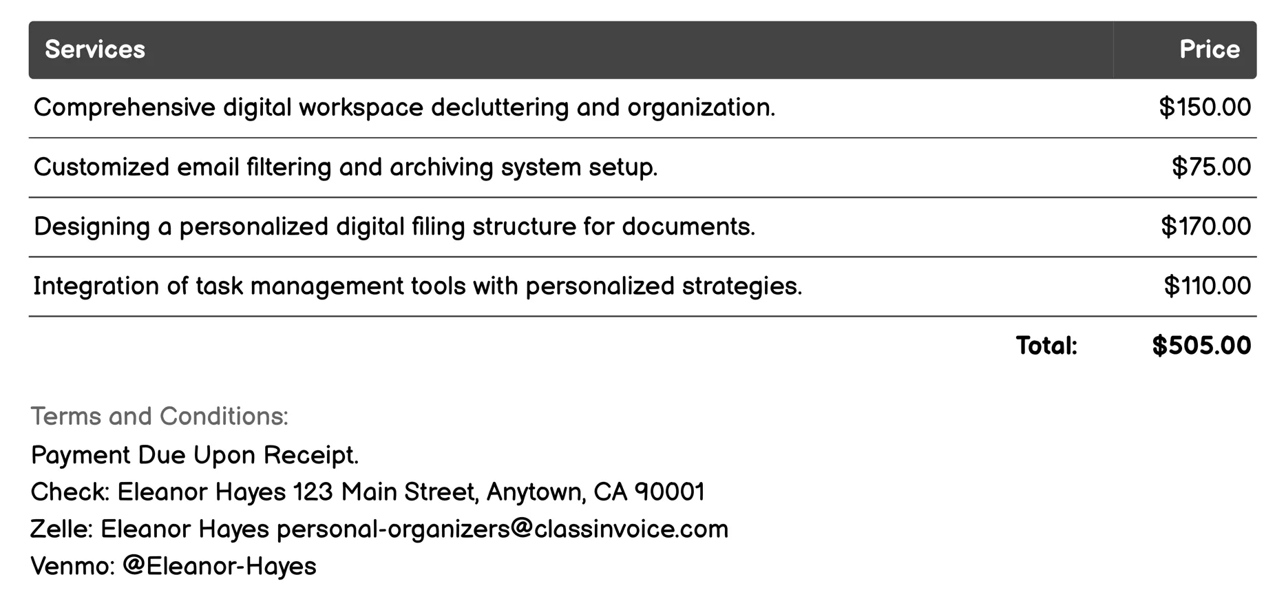 Digital Organization Invoice Example