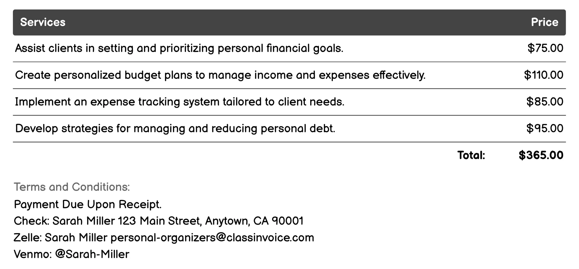 Financial Planning Support Invoice Example