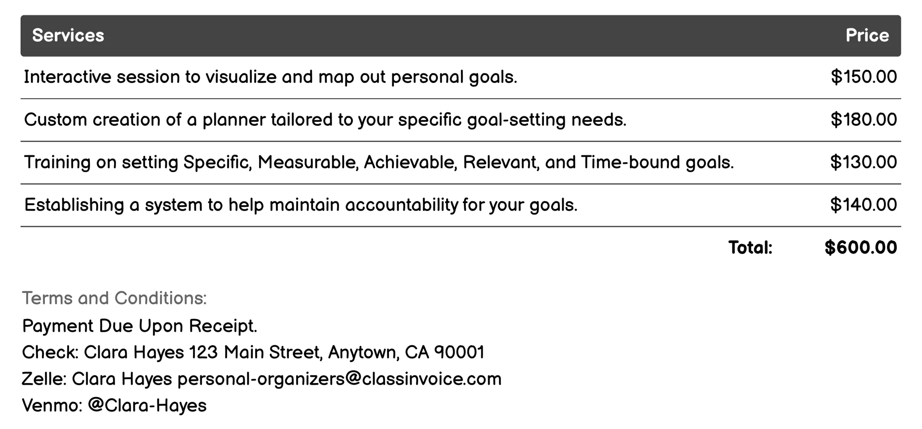 Goal Setting Assistance Invoice Example