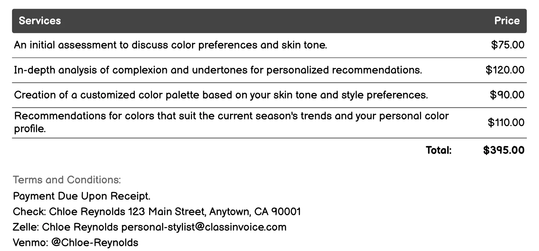 Color Consultation Invoice Example