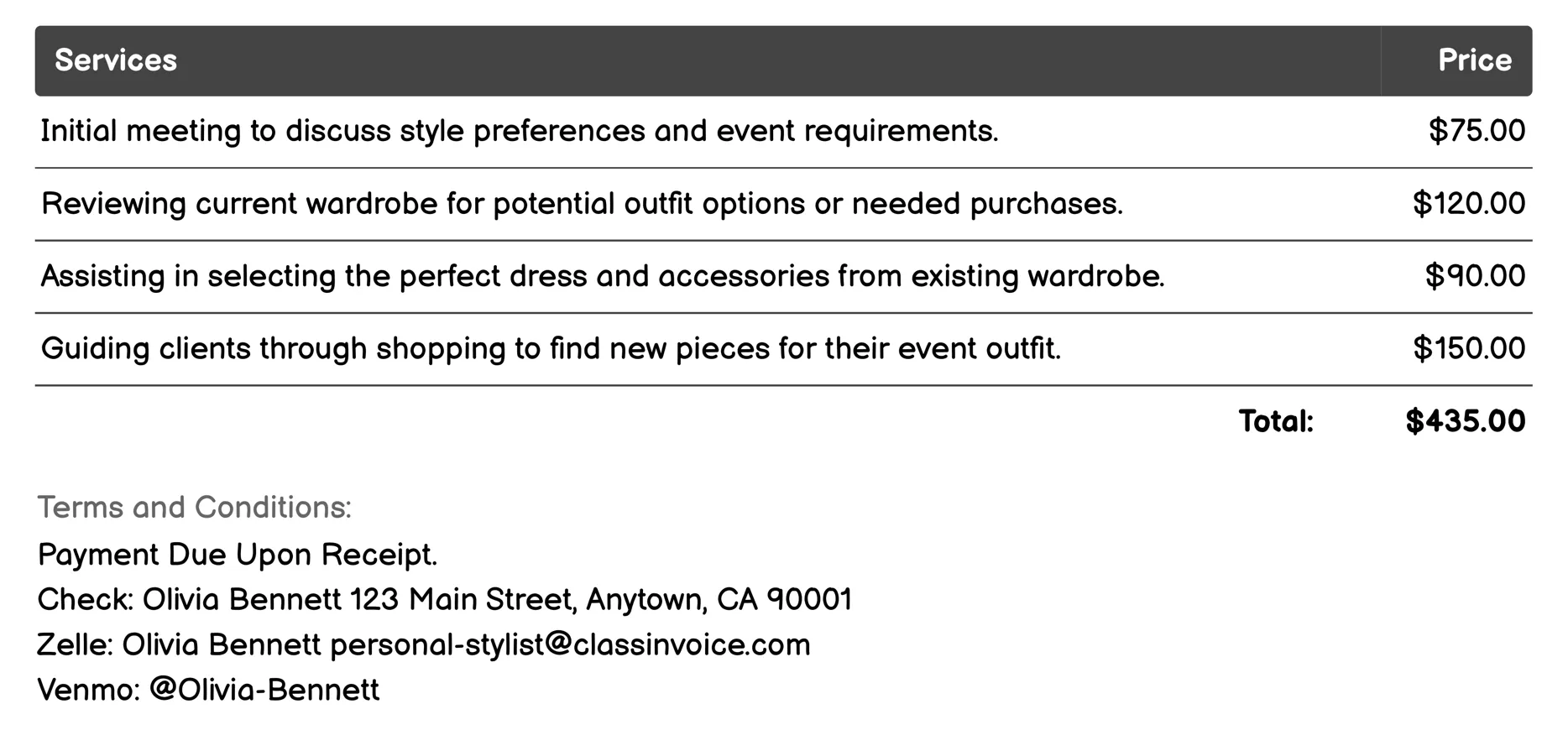 Event Dressing Invoice Example