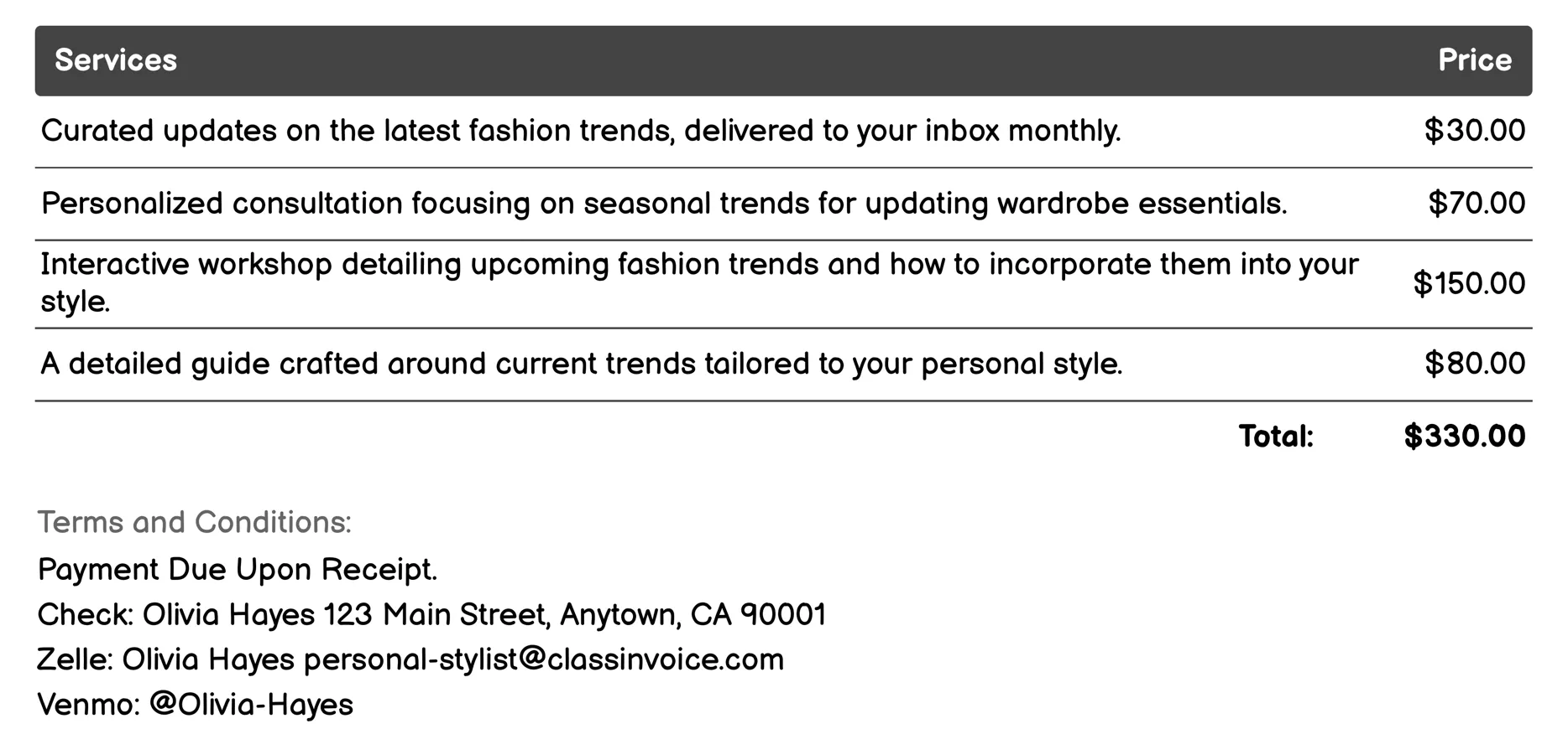 Fashion Trend Updates Invoice Example