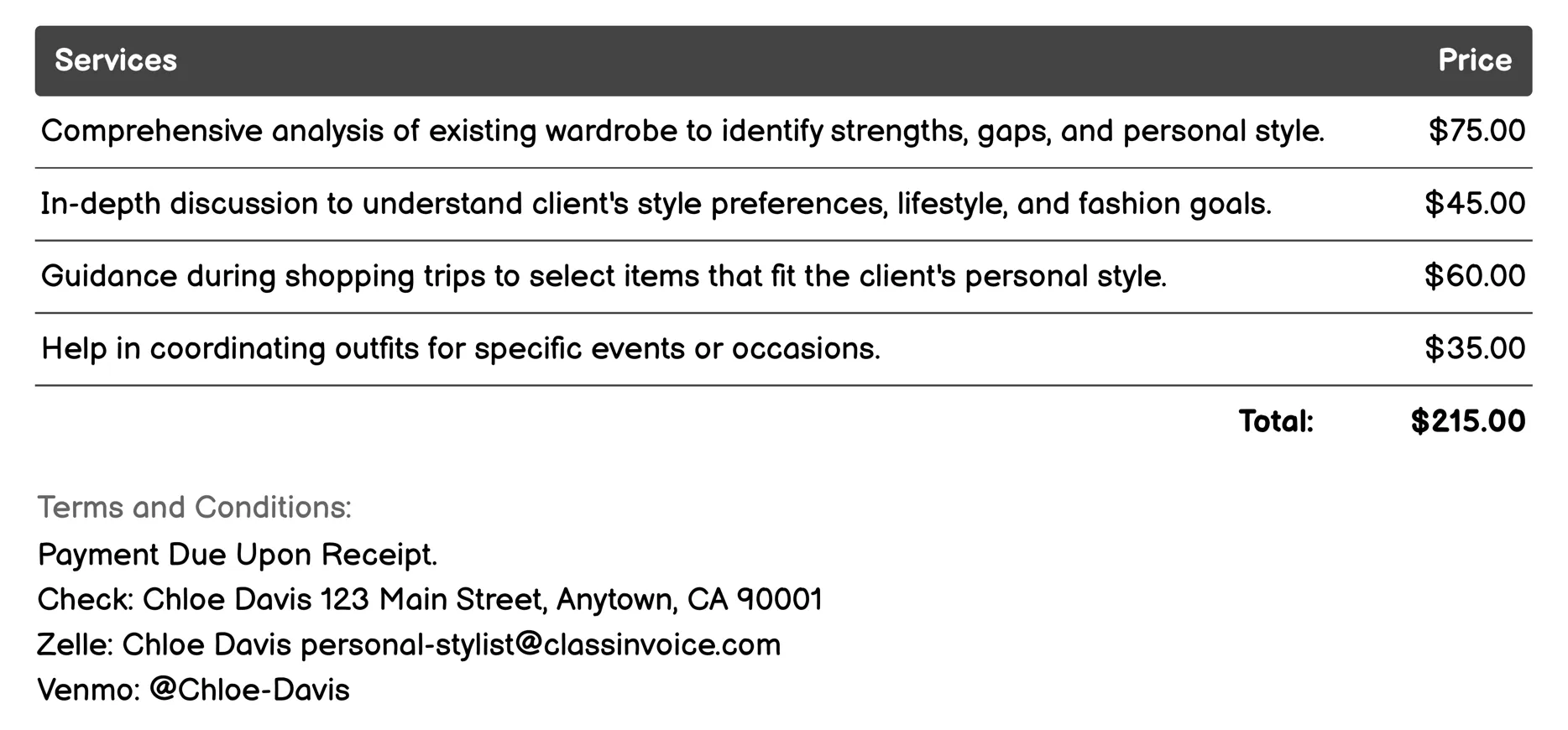 Personal Shopping Invoice Example