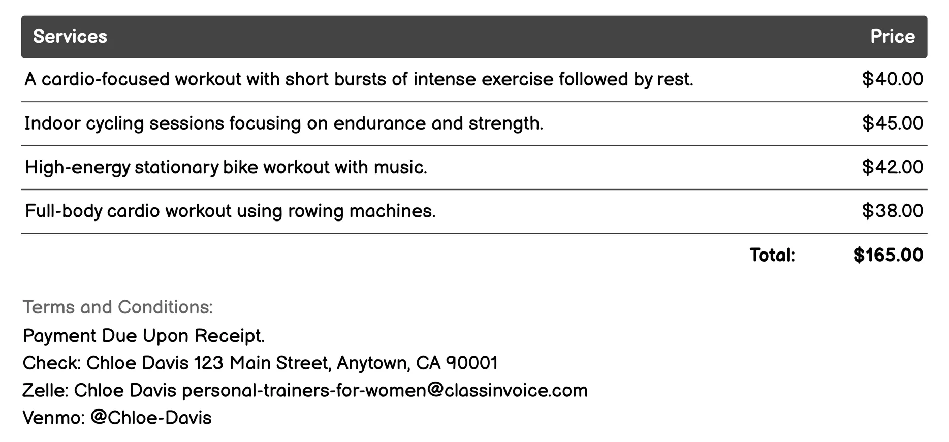 Cardio Fitness Programs Invoice Example