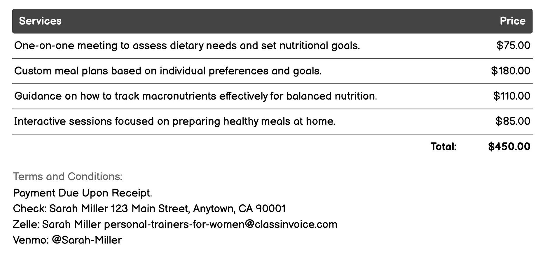 Nutrition Coaching Invoice Example