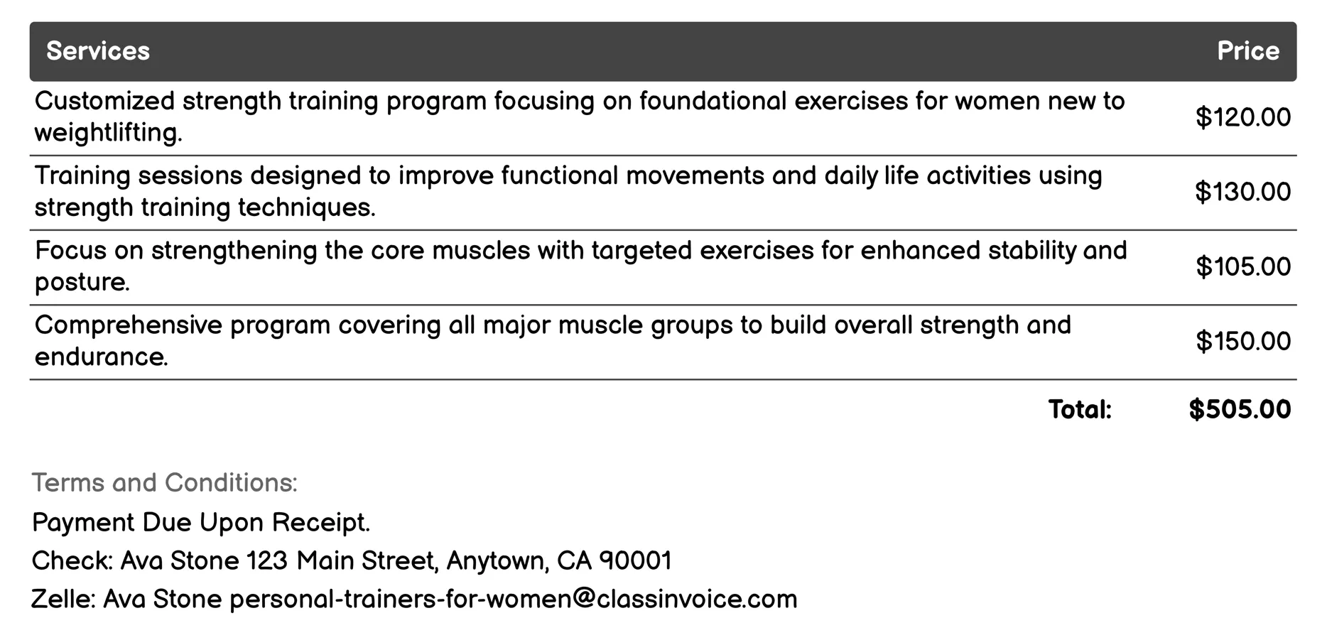 Strength Training Invoice Example