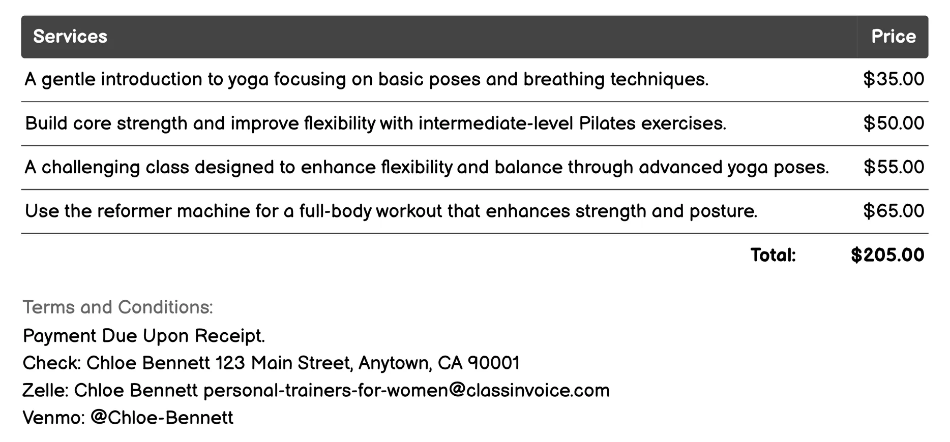 Yoga and Pilates Classes Invoice Example