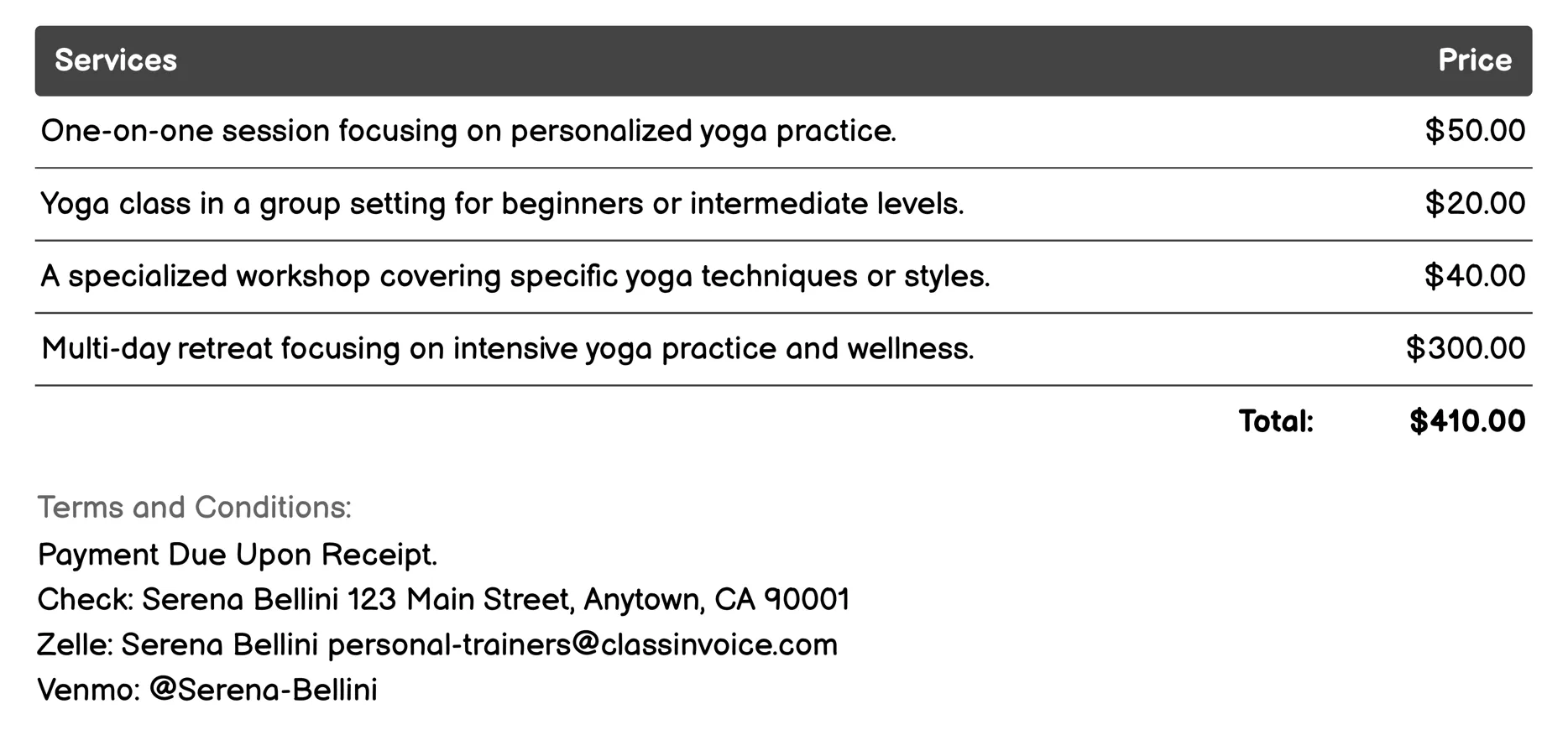Yoga Instruction Invoice Example