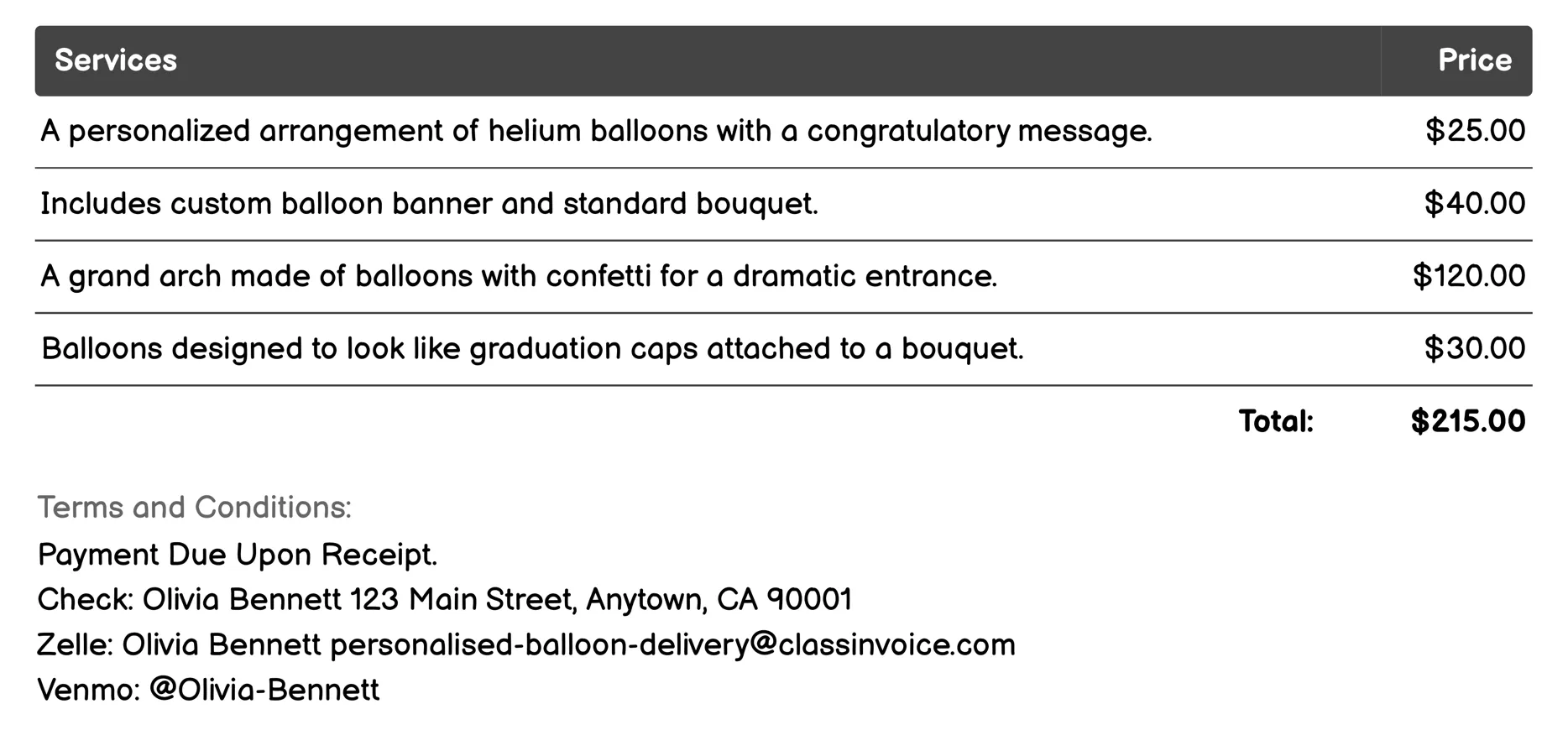 Graduation Congrats Invoice Example