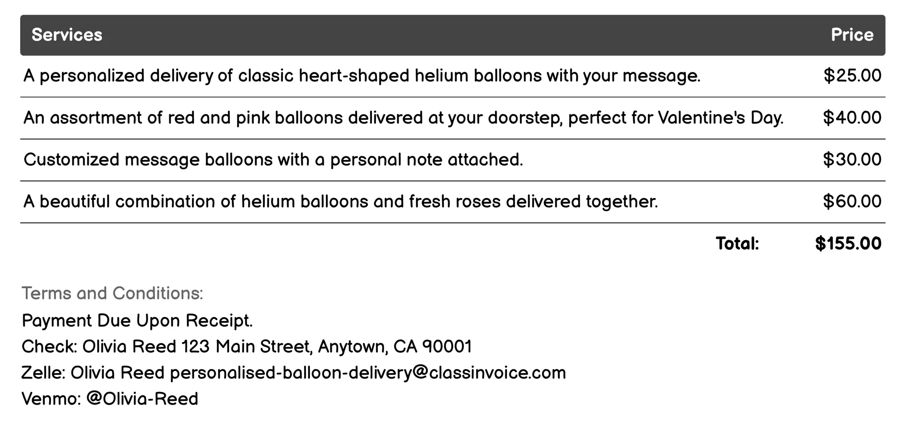 Valentine's Day Balloons Invoice Example