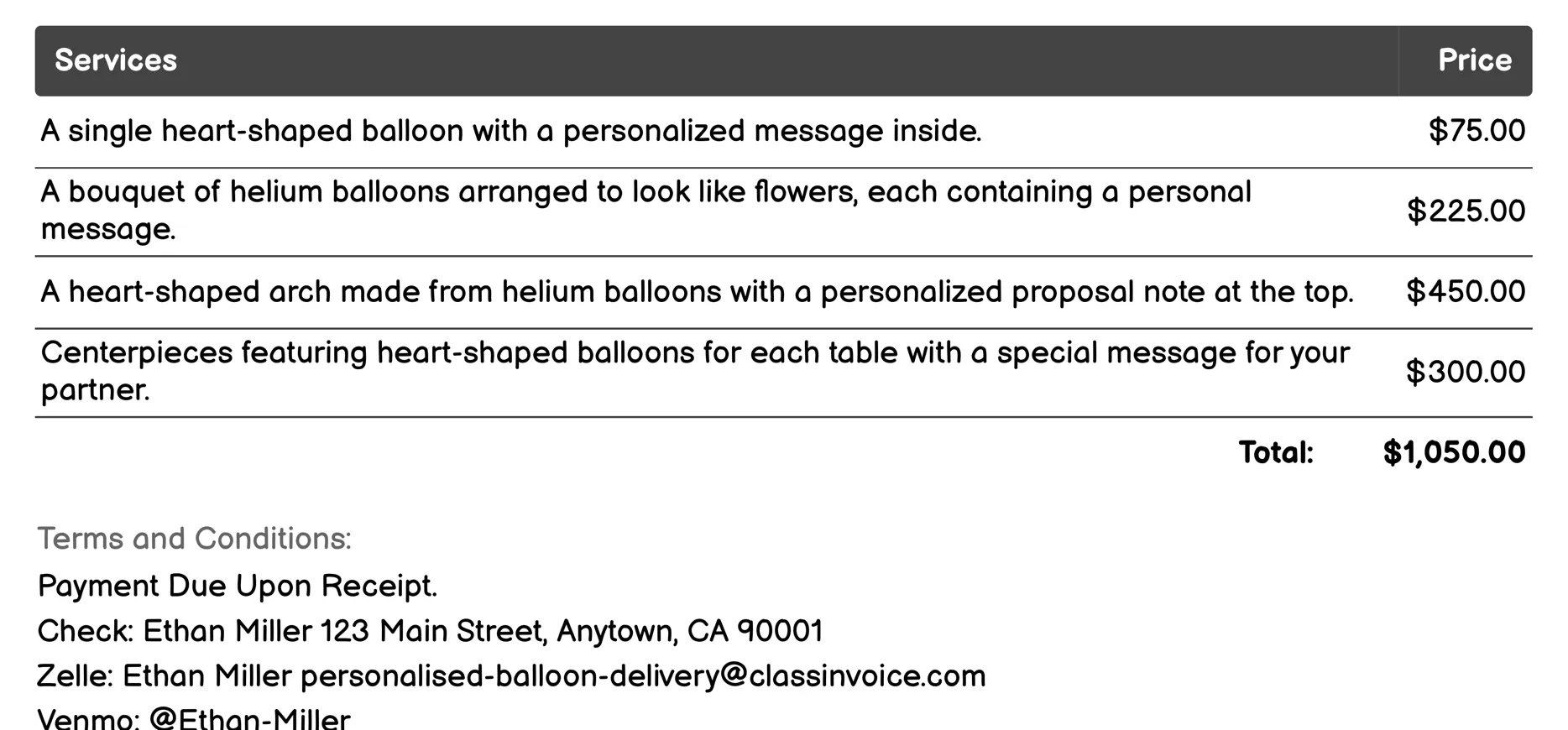 Wedding Proposal Balloons Invoice Example