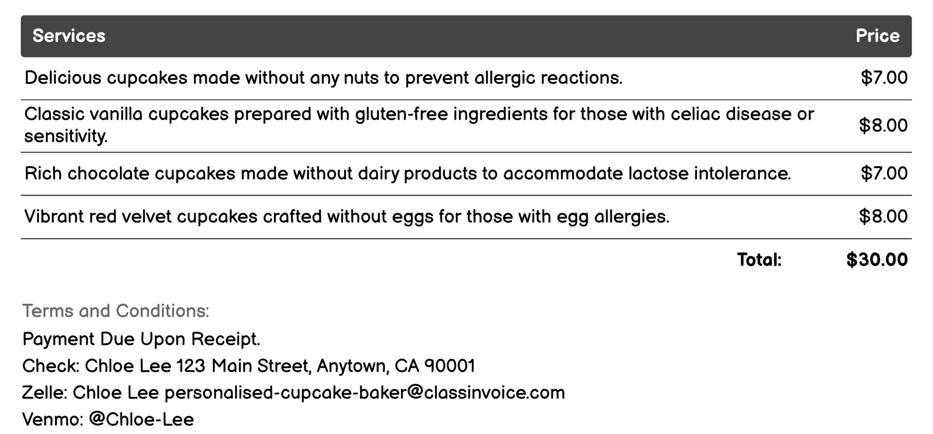 Allergy-Friendly Options Invoice Example