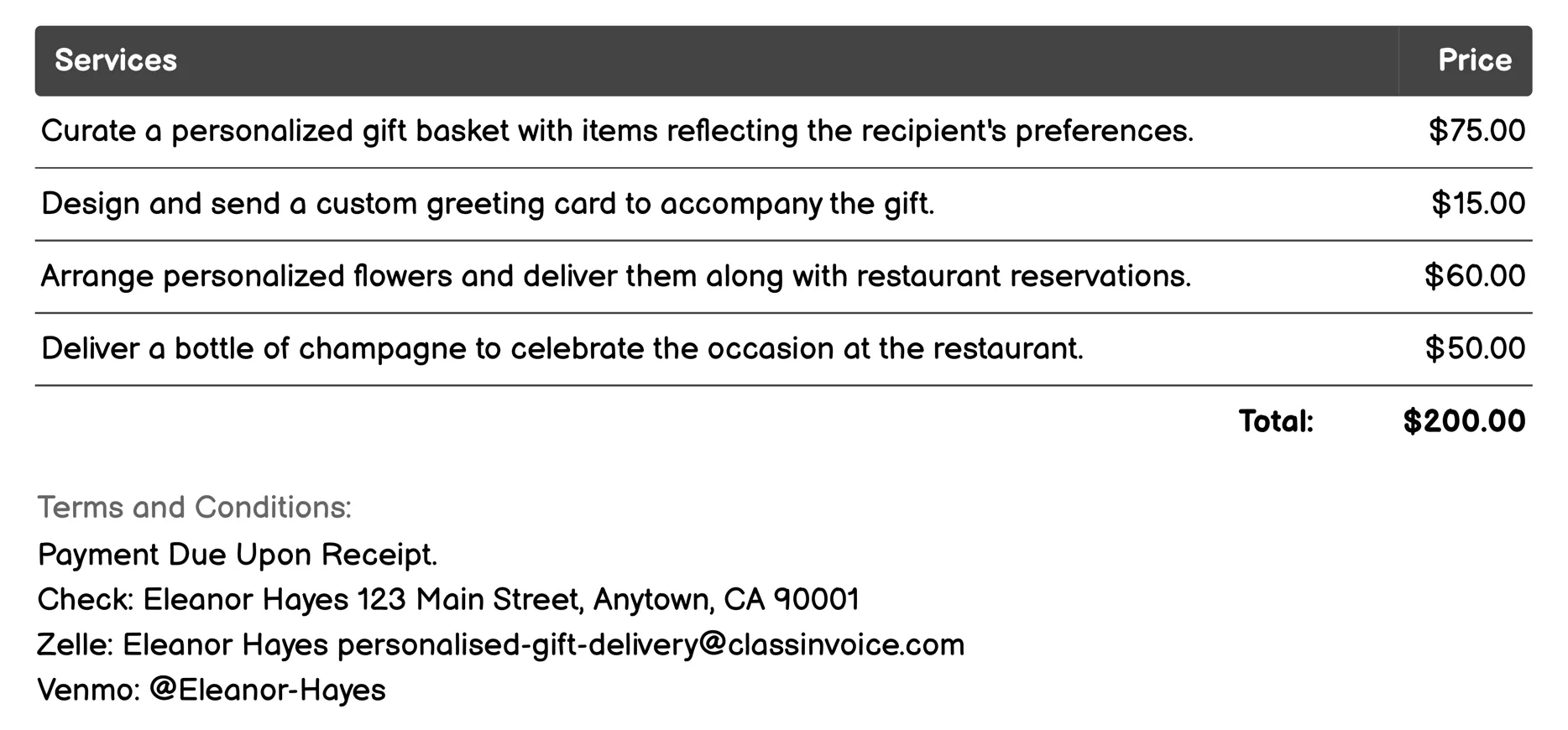 Restaurant Reservations Invoice Example