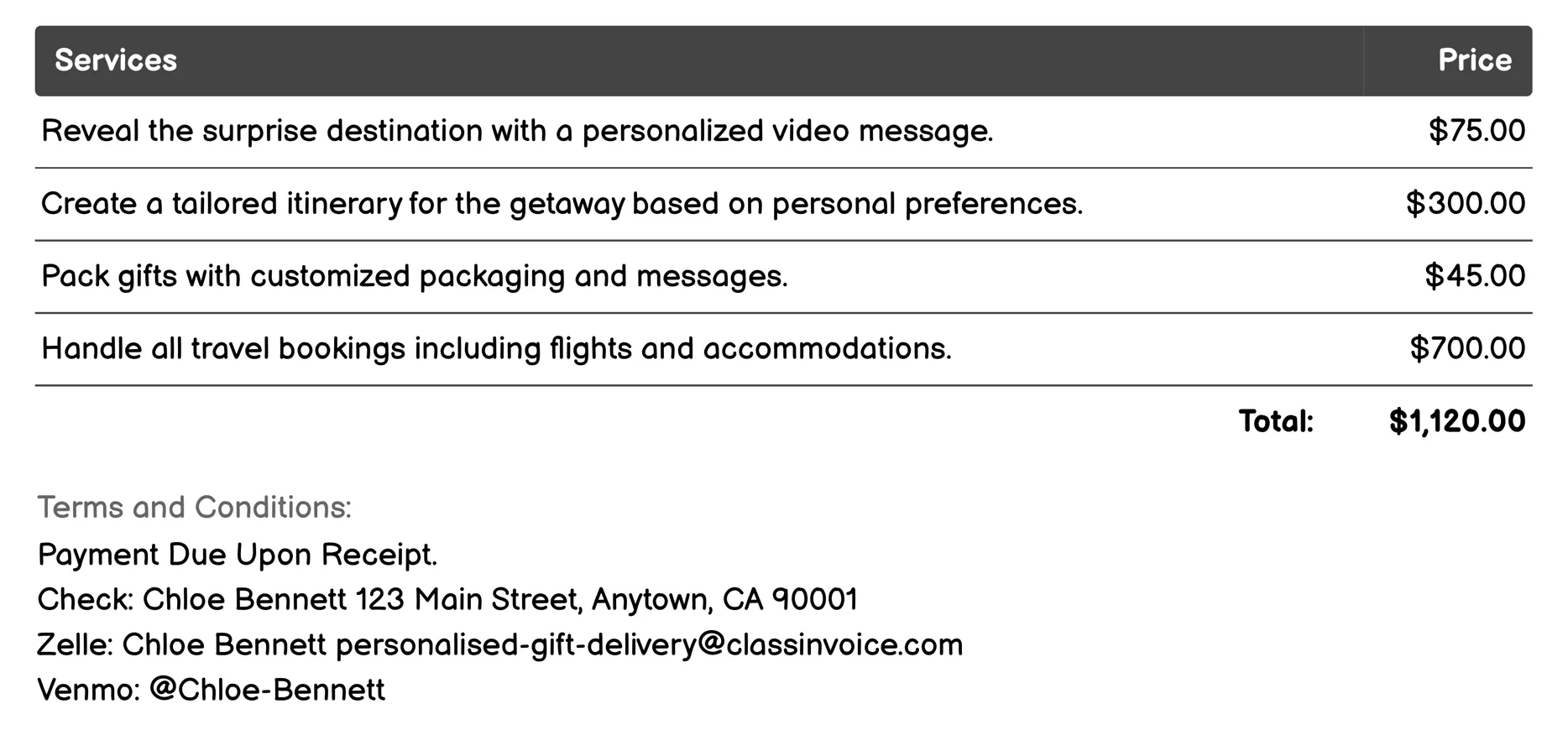 Surprise Getaways Invoice Example