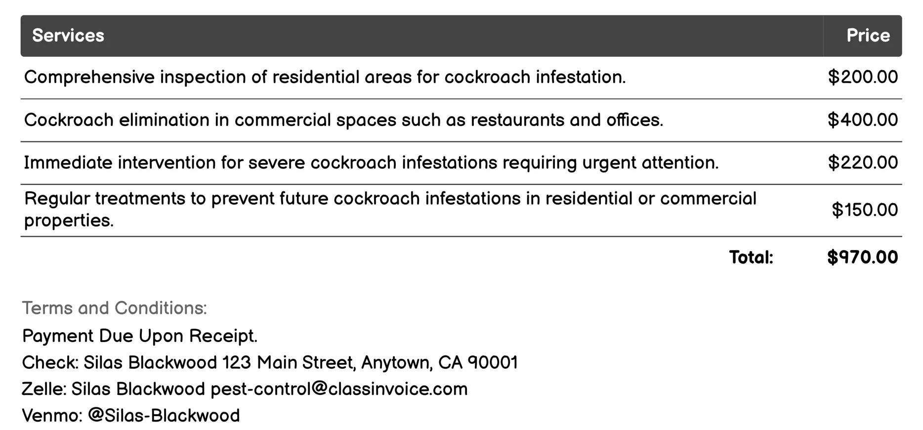 Cockroach Elimination Invoice Example