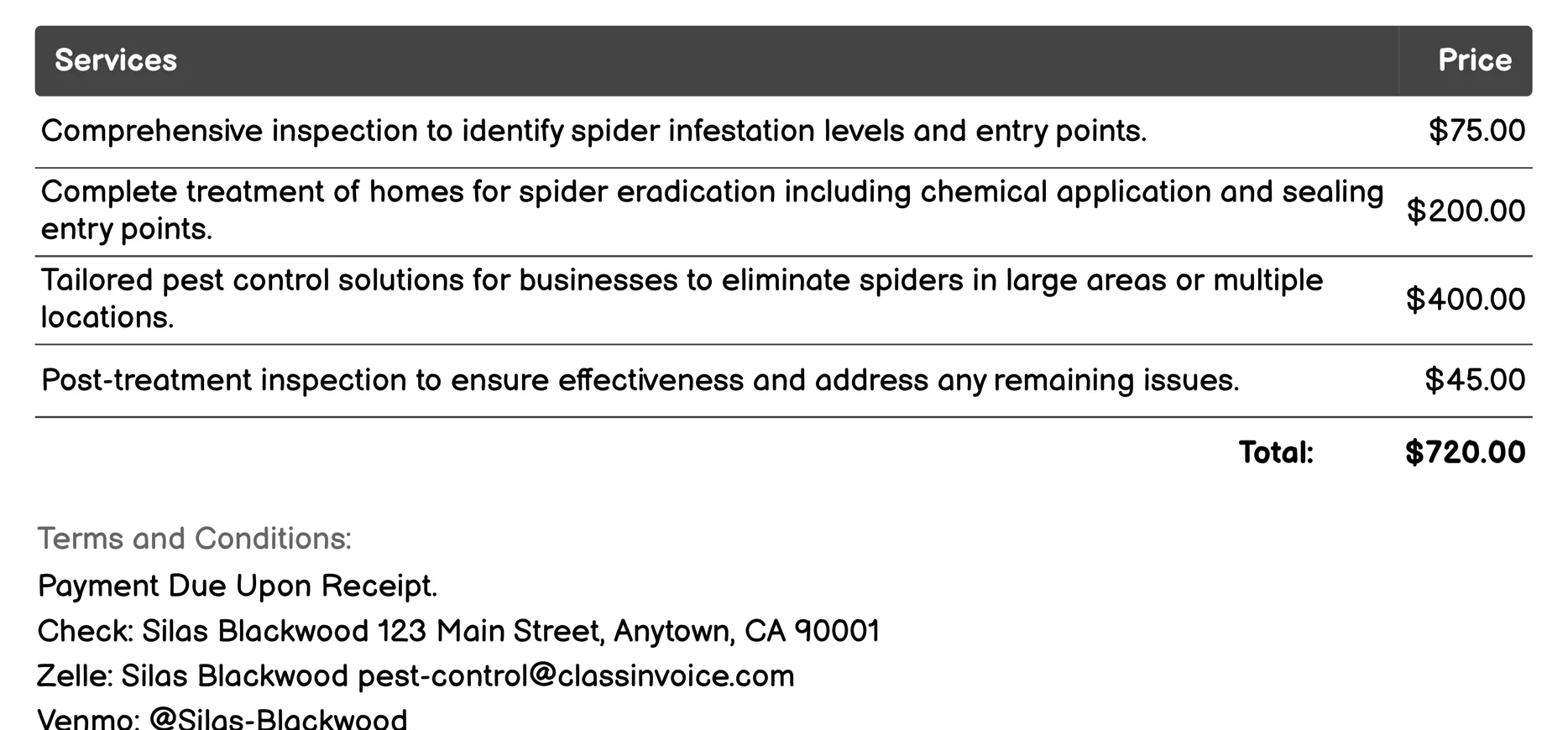 Spider Extermination Invoice Example
