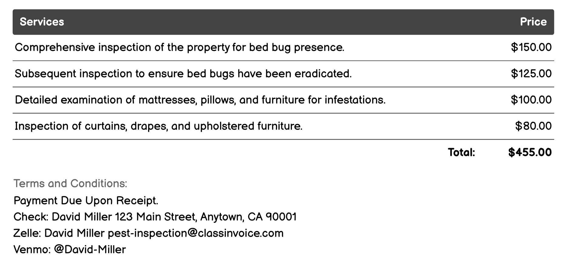 Bed Bug Inspection Invoice Example