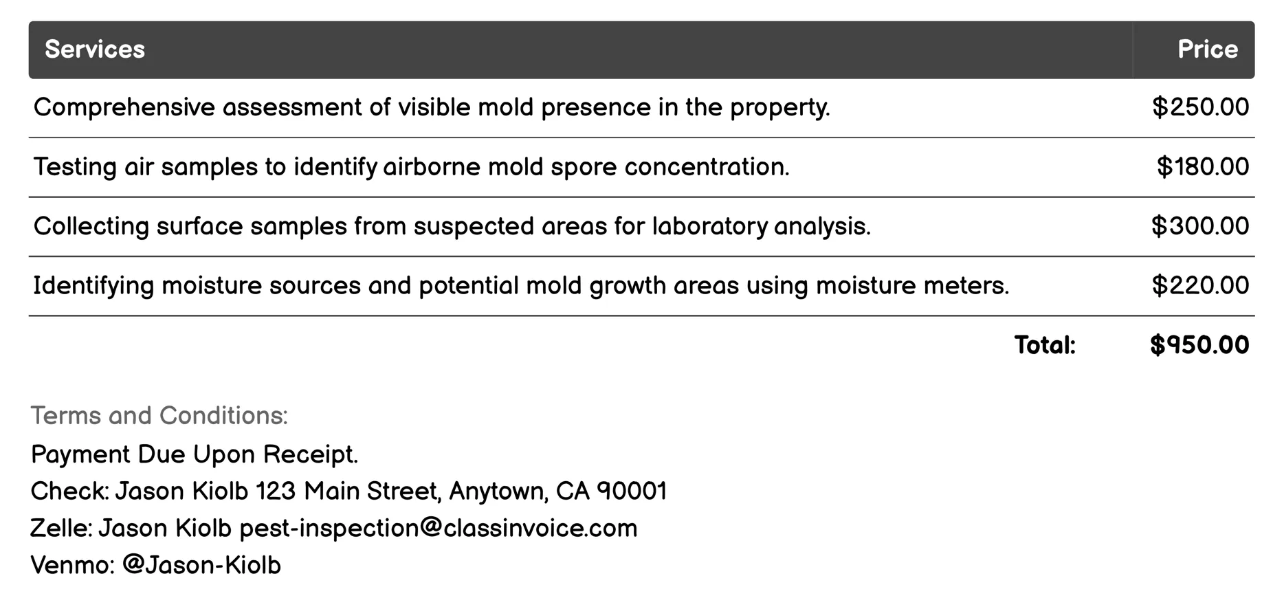 Mold and Fungus Inspection Invoice Example
