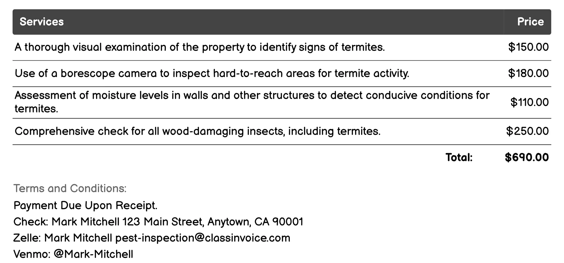 Termite Inspection Invoice Example