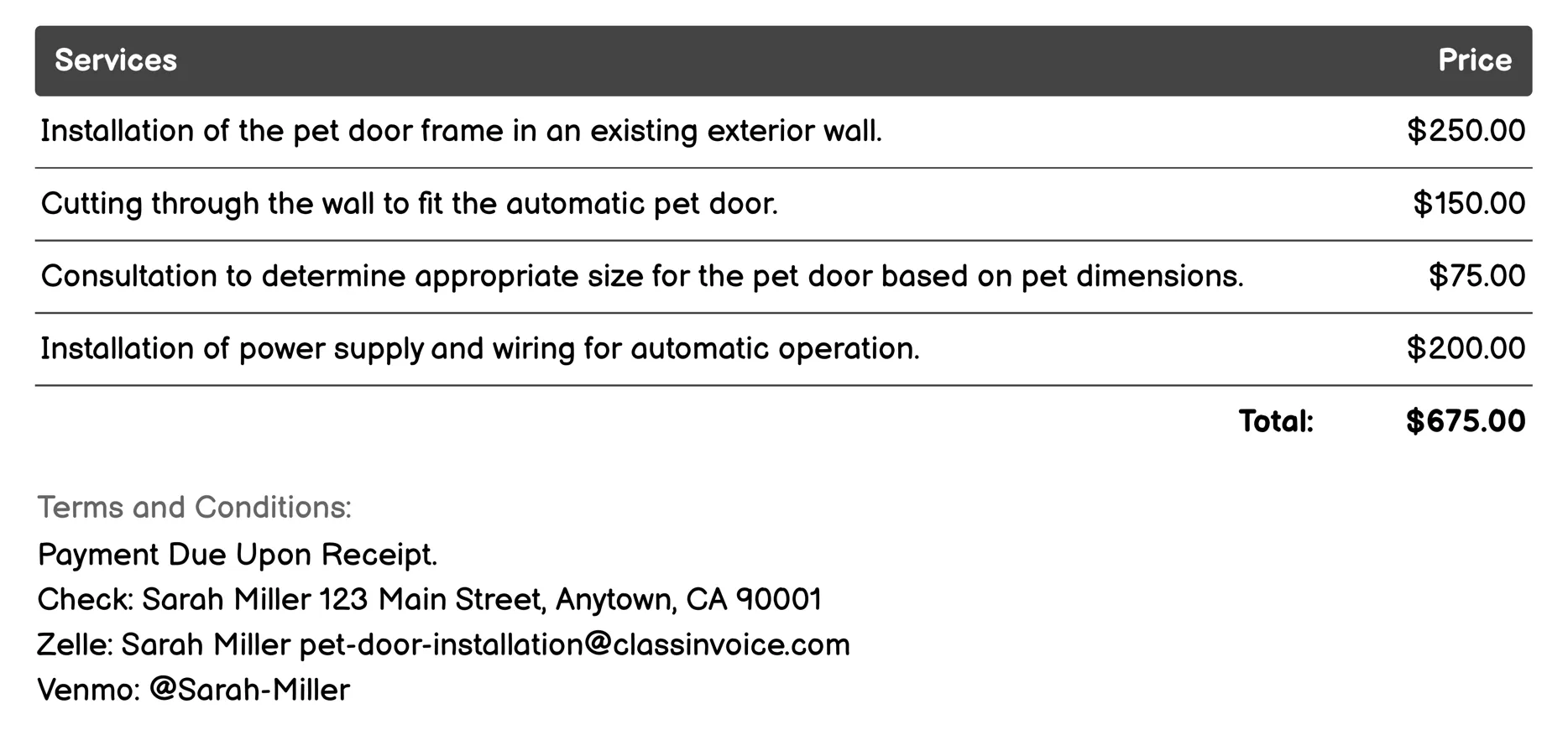 Automatic Pet Doors Invoice Example