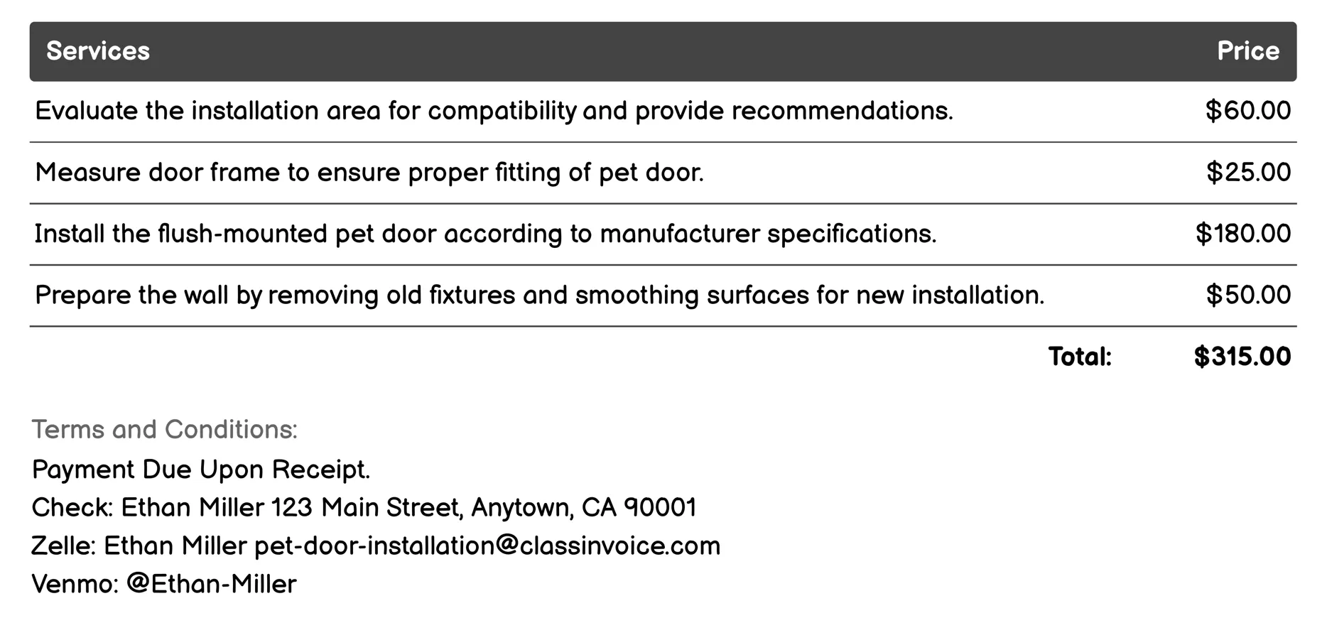 Flush-Mounted Pet Doors Invoice Example